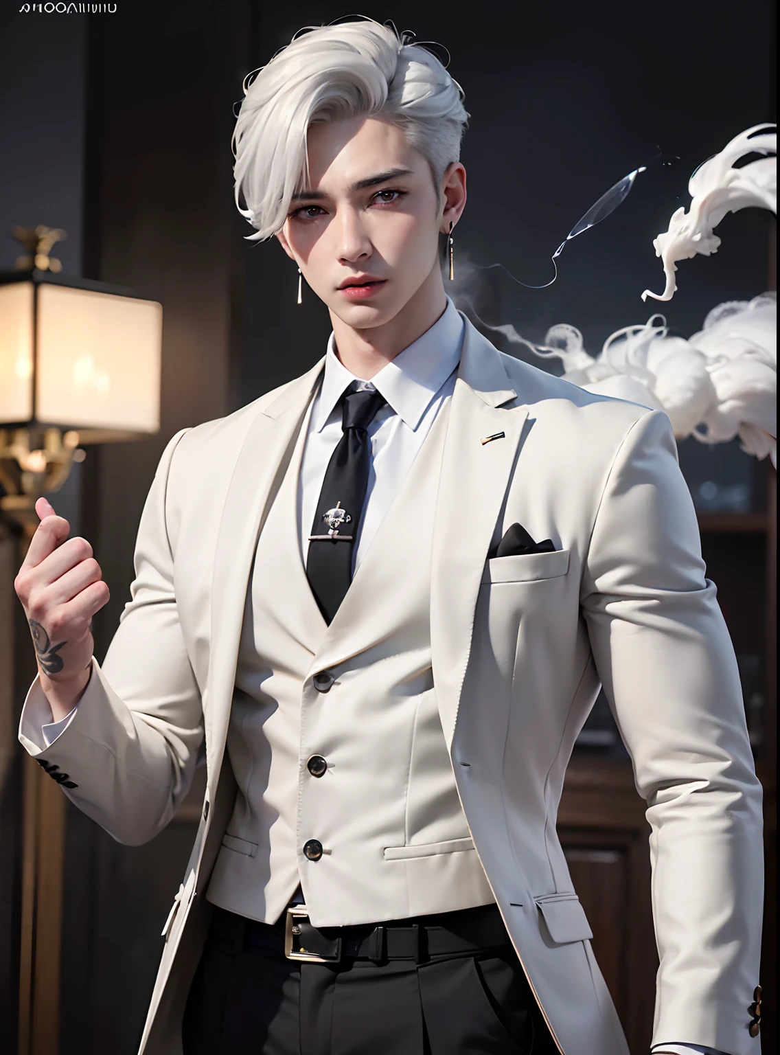 (8k photo, best quality, masterpiece:1.2),(realistic, photo-realistic:1.37) young ,handsome man, Mark Tuan, Got7, white skin, detail face, grey bright eye, white hair, black suit, bad boy, yakuza, tattoo, smoke cigarrate, a lots gangster night town in backdrop, action pose, skull earring, necklage,