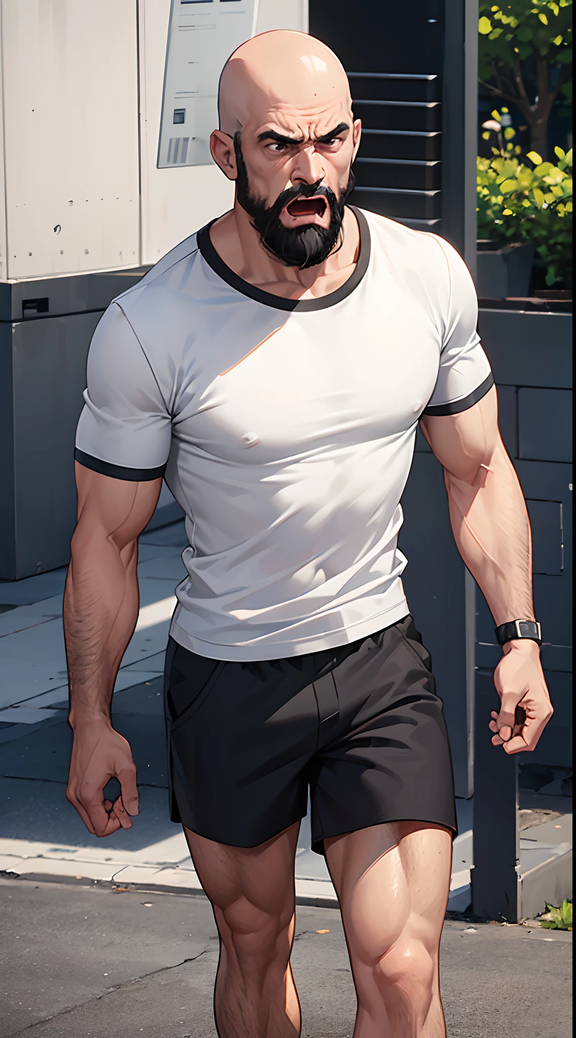 1 man 50 years old, bald, black eyes, short sparse black beard, wearing a white T-shirt, wearing black gym short pants, angry face, muscular, strong body, crossed arms, talking, open mouth, standing, from the front, sunny weather, noon, pitch, extremely detailed, best graphics, 8k, ultrasharp, masterpiece