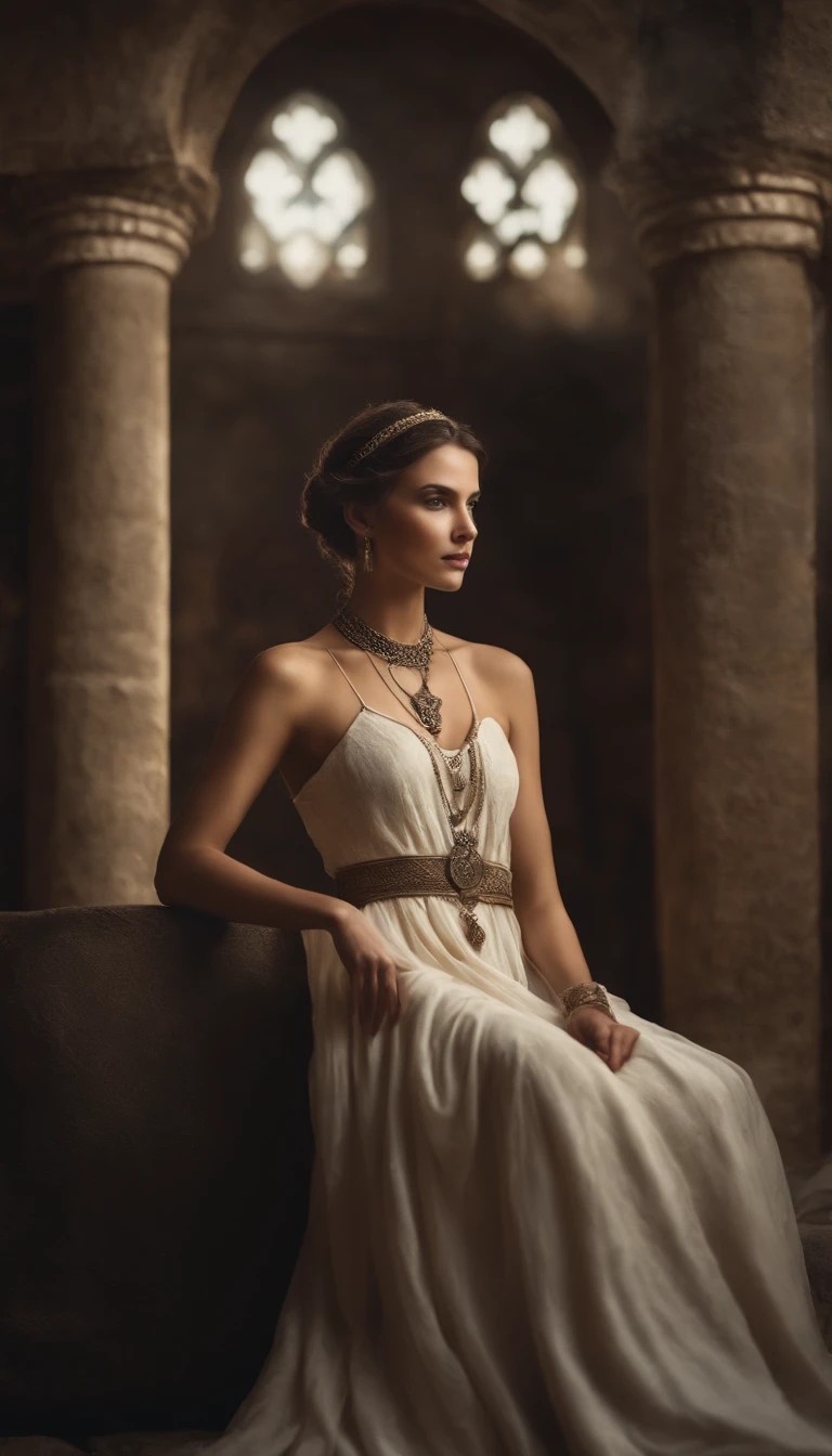 sultan in king's throne, Stone Ruins, Tall and Slender, Flowing Dress with Celtic Knot Jewelry, Procreate, Watercolor Technique, Poster Design, 300 DPI, Soft Lighting, Ethereal Art, Mysterious, Serene Expression, Enchanting Atmosphere, bokeh, photo, 8k, dark, dynamic action, pale washed out style, dreamy nostalgic, soft focus, dark vignetting, light leaks, medium photography, gloomy artistic painterly ethereal, whimsical, coarse grain photo