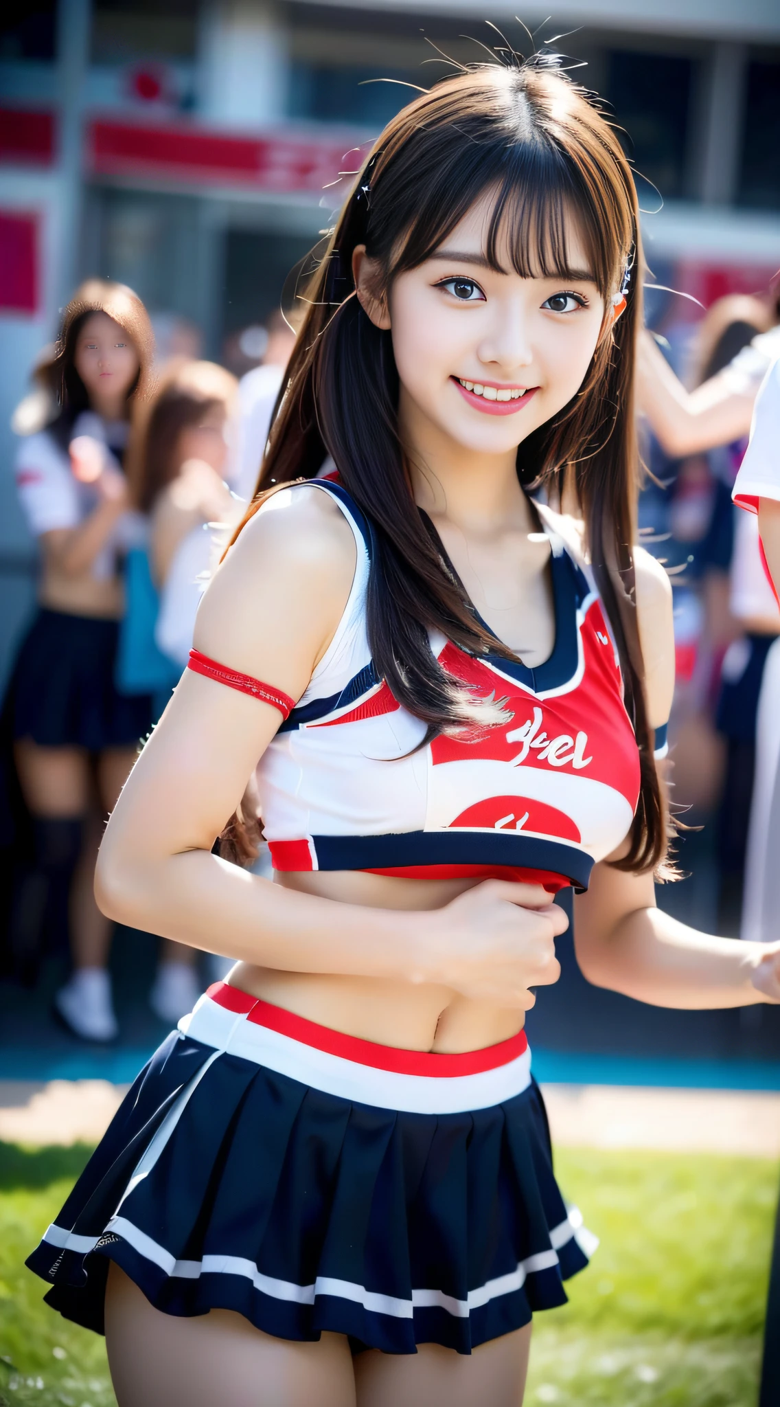 アイドルのようにvery cute、Cute and adorable、Young faceに見える20歳の少女, Young face、very cute、Smiling Kindly、Cheerleader、全裸公認のCheerleader、Football Stadium、Cheer the game naked、whole body像、whole body、 Natural light、Accurate、Anatomically correct、Textured skin、Super Detail、 Attention to detail、highest quality、High resolution、Real、realism、Raw photo、Genuine、masterpiece