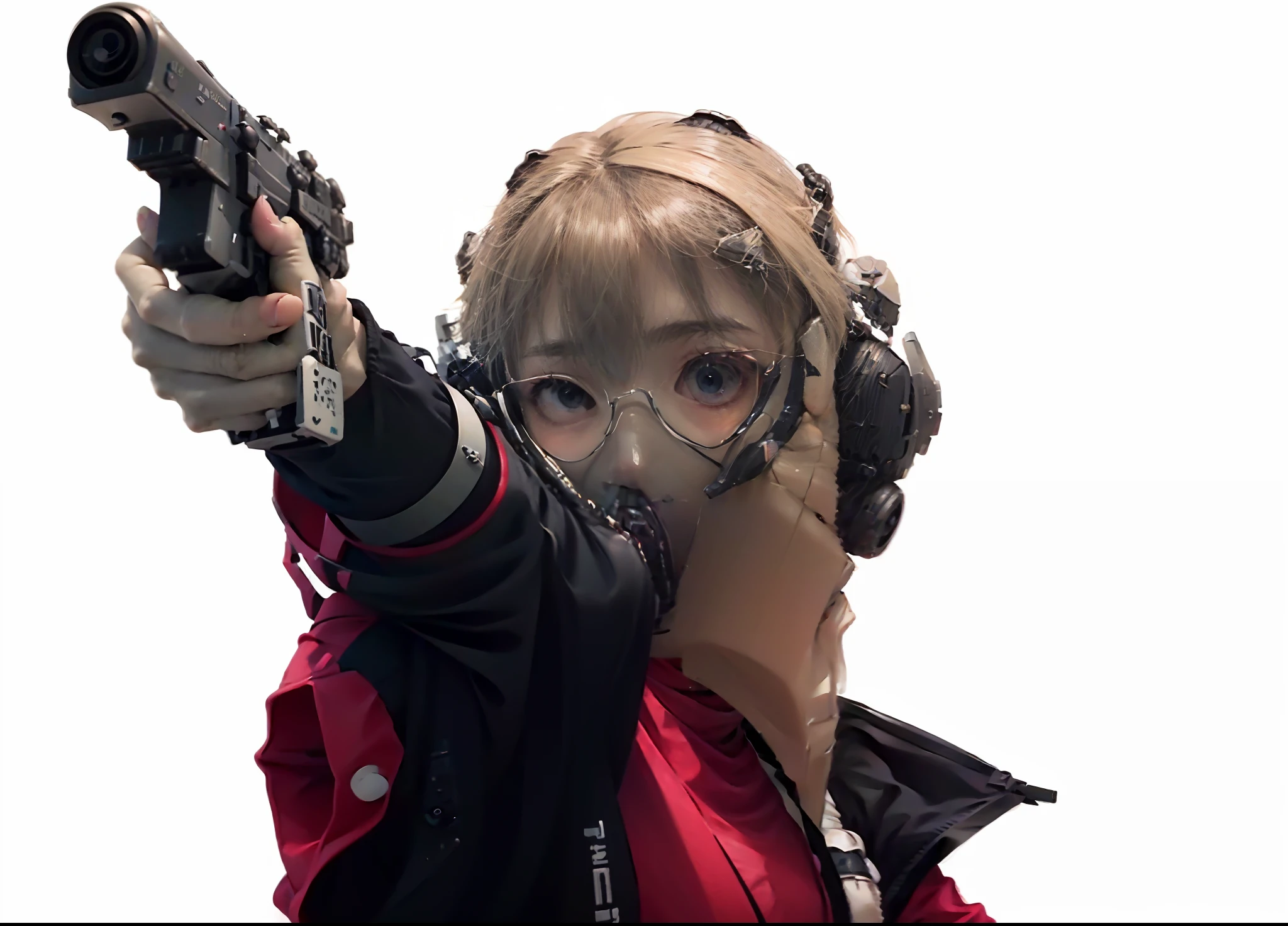 um close up de uma pessoa segurando uma arma cyberpunk com um oculos fpv de guerra ukraniano Ando Tadao, Yukito Kishiro, Takumi Fujiwara, Joongwon Carlos Jeong, com pistola, yukio - e, Hsiao-Rony, Ito Masahiro, ella frey lora cyberpunk arm, Cyberhand cannon, Laser vision in hand no eyes, using a oculus rift black fpv