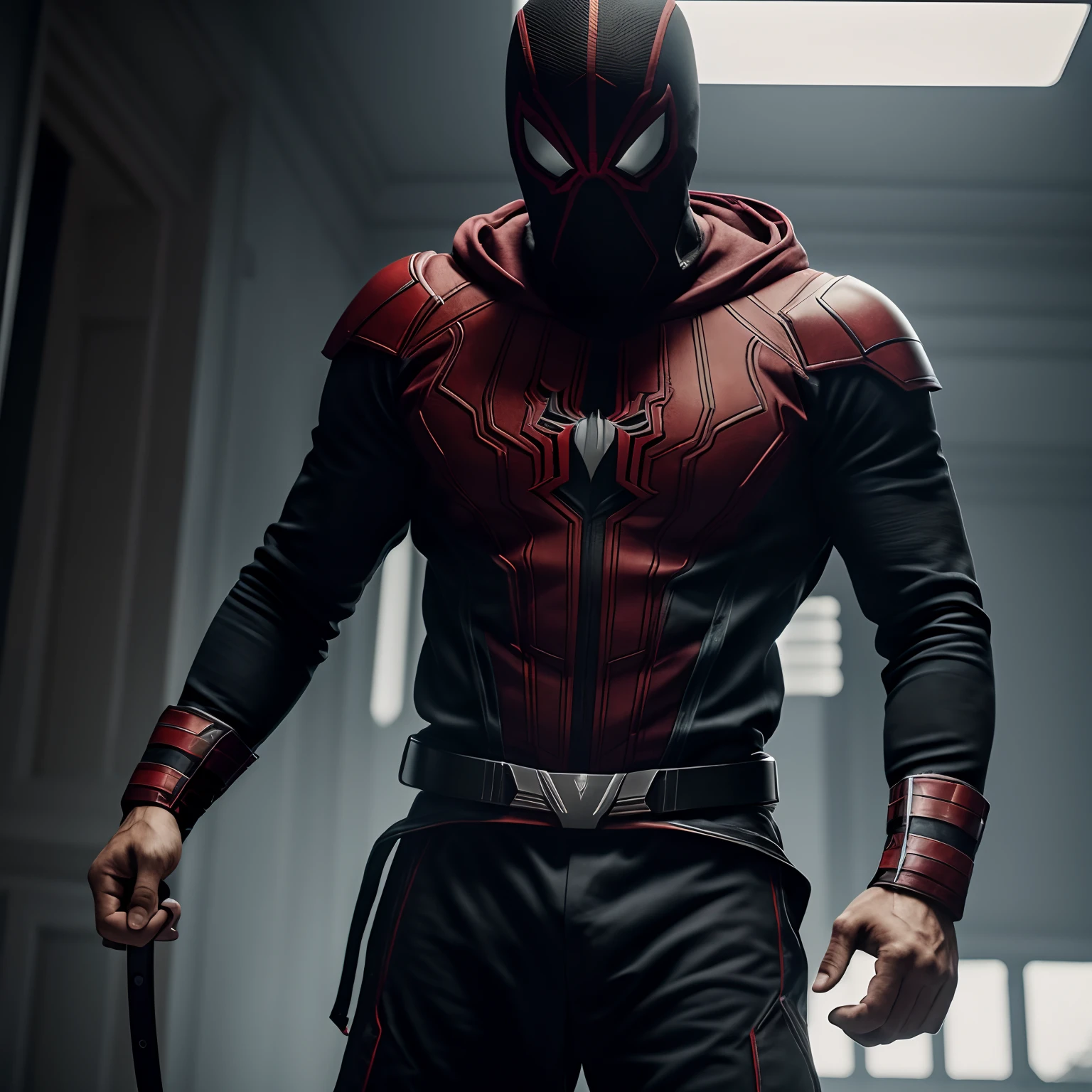 Homem-Aranha Encapuzado, maravilha, Assassino, roupas escuras, Credo do Assassinoo, faca de pulso do sabre de luz, wrist blade, filme profissional Lightroom, 35 mm, Reflexo da lente, hyper realistic, dark scifi aesthetic, Cinematic Shot, octan render, 8k, solo