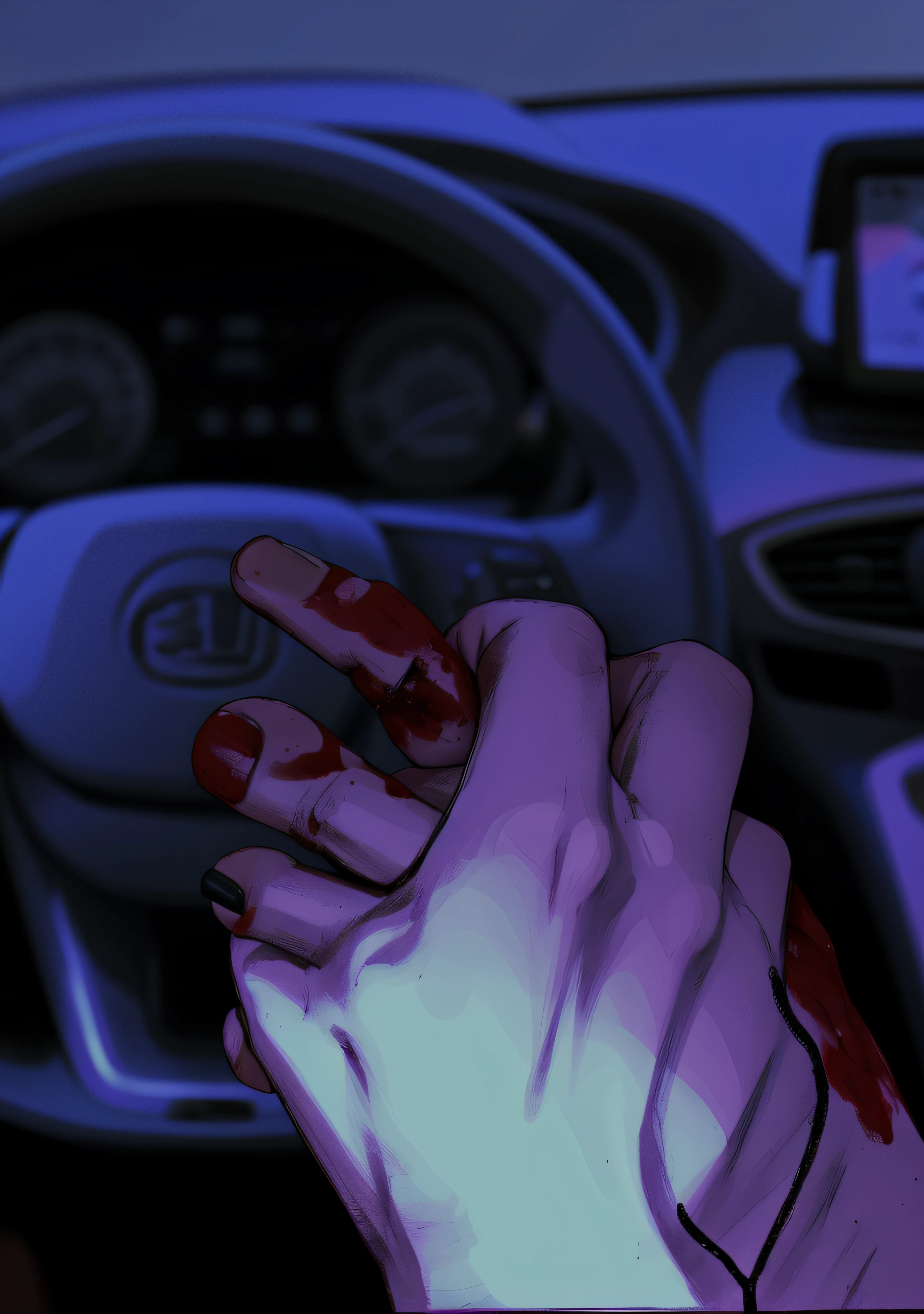 in car, have blood, hold hand, dark night