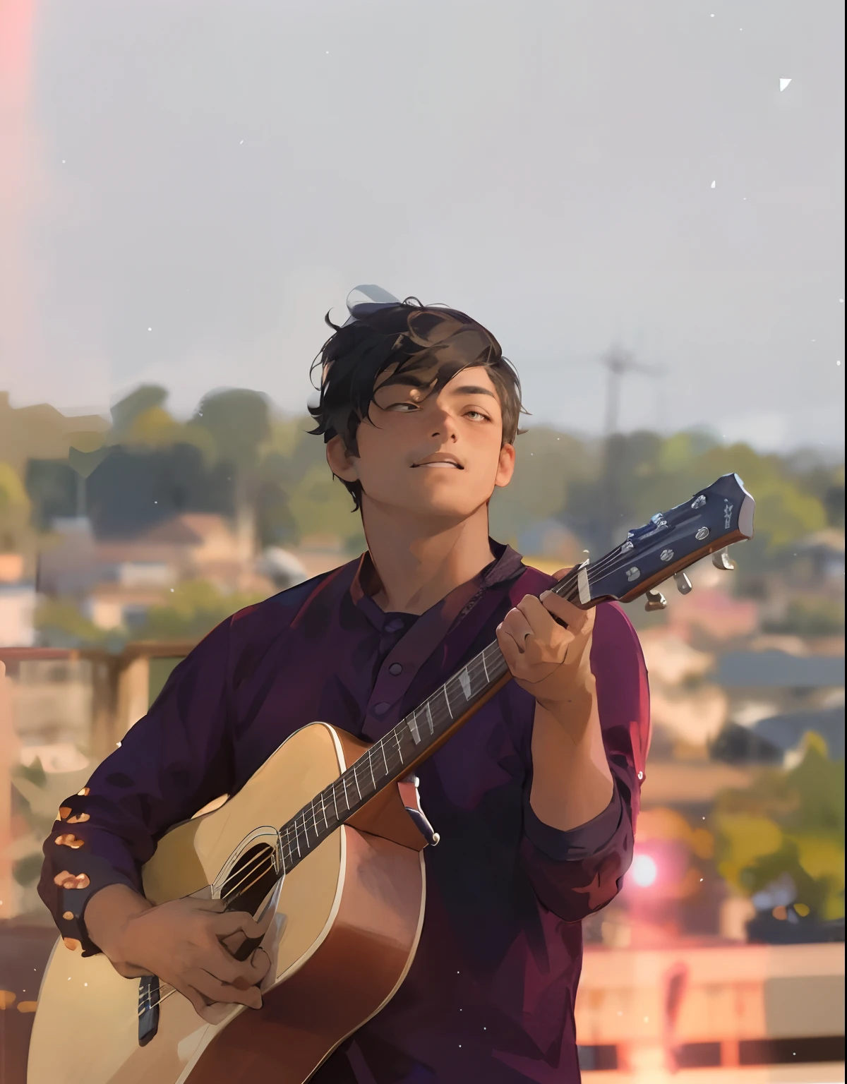 there is a man that is playing a guitar on the roof, performing on stage, singer songwriter, guitar solo, inspired by Bikash Bhattacharjee, playing the guitar, he is a rockstar, profile pic, playing guitar, album photo, playing a guitar, new song, during golden hour, playing guitar onstage, singer - songwriter, with sunset, jamming to music