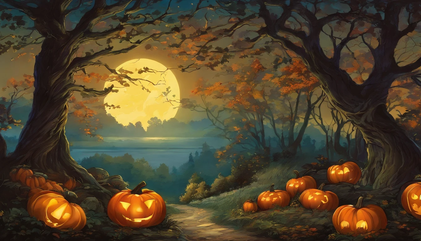 haunted forest, nighttime setting, pathway through the tree, pumpkins on the ground, Moonlight through the trees, Asher Brown Durand, Camille Pissarro style --no frames, canvas