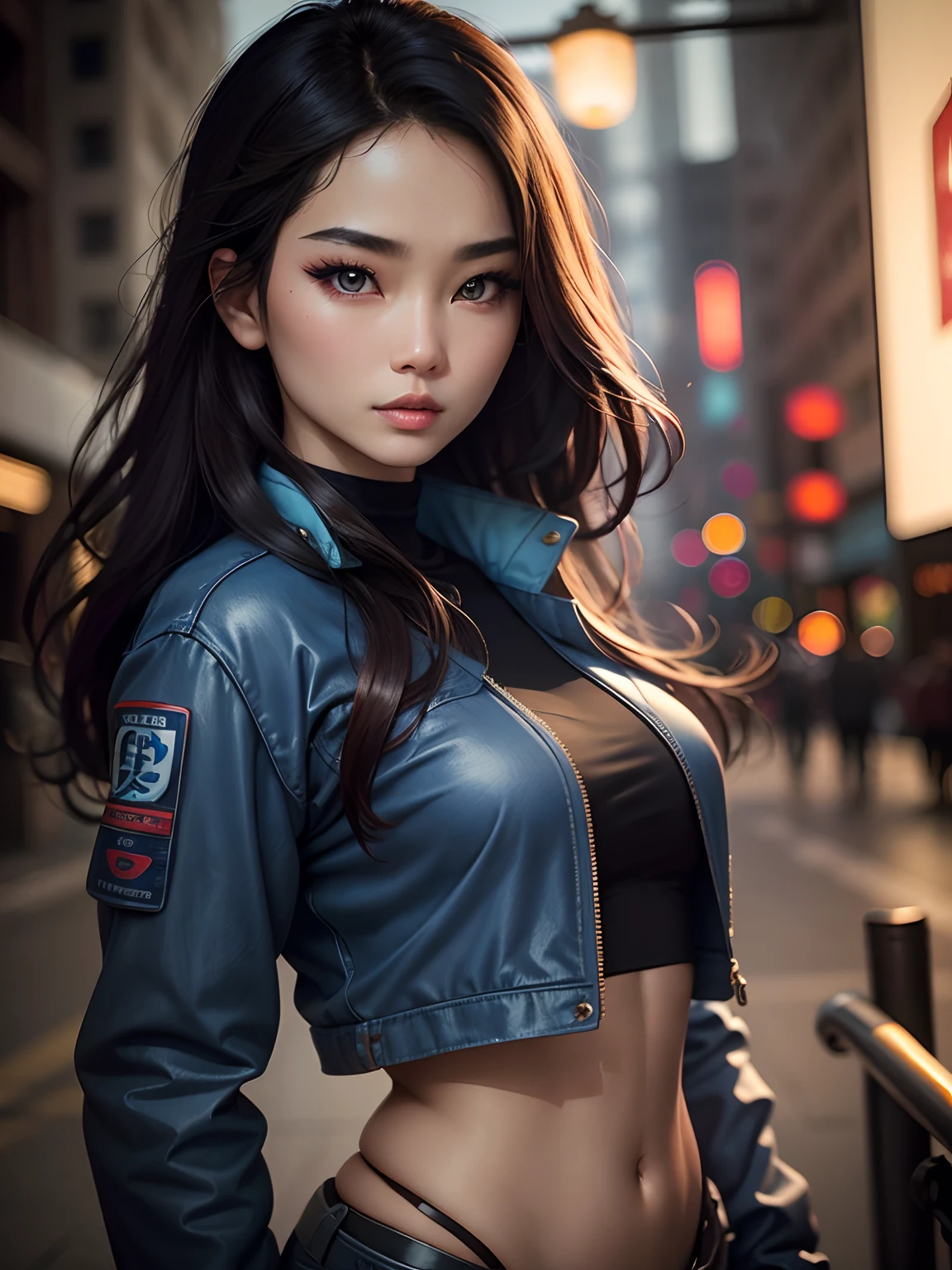 (full body)(best quality,realistic),Asian woman in blue jacket,close-up of face,side light,detailed eyes and face,beautiful detailed lips,longeyelashes,soft skin texture,dark brown hair,confident expression,fashionable,urban backdrop,vivid colors,sharp focus,studio lighting