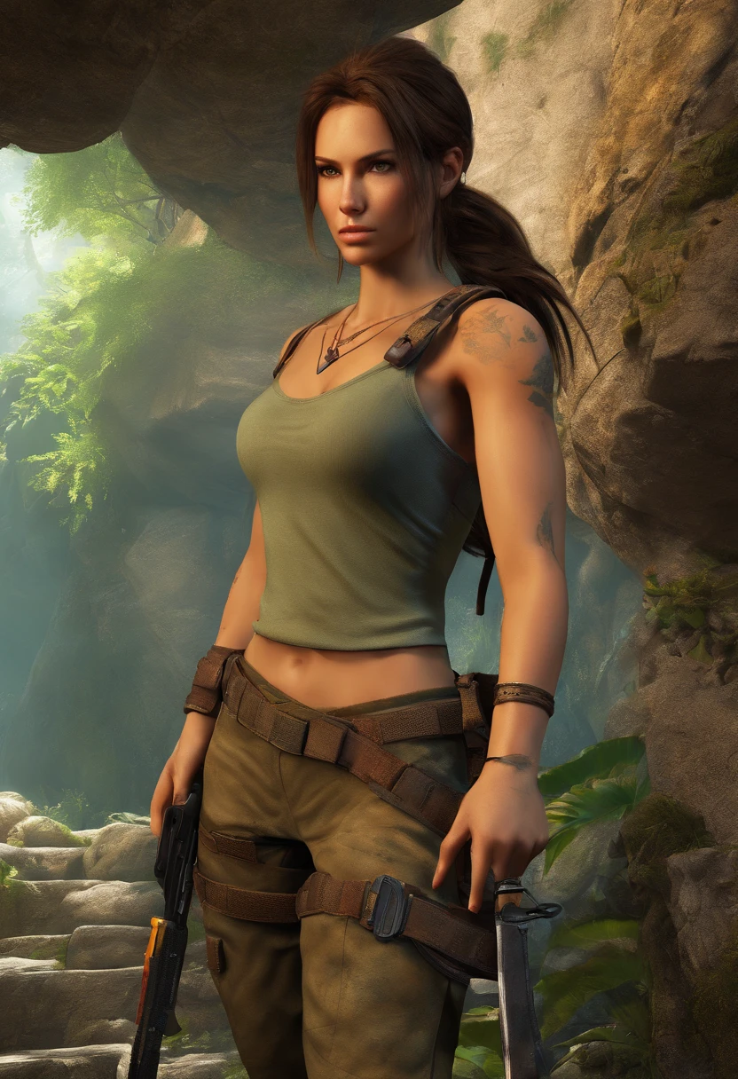 a detailed illustration of Lara Croft, in a 3D rendered style,strong,dynamic and confident pose,with her signature dual pistols,exploring ancient ruins,exotic landscapes and mystical artifacts,adventure,fierce determination,extraordinary acrobatics,with realistic lighting and shadows,portraits,highcontrast colors and dramatic lighting,sharp focus,physically-based rendering,ultra-detailed,professional,hdr color grading,evocative atmosphere,action-packed,realistic,tomb raider,exploration,secrets,treasure hunting,archaeology,wilderness survival,climbing cliffs,swinging on ropes,underground chambers,dynamic camera angles,immerse,cinematic,exciting moments,gritty and realistic textures,mysterious and ancient temples,stealthy movement,vivid colors,bokeh.