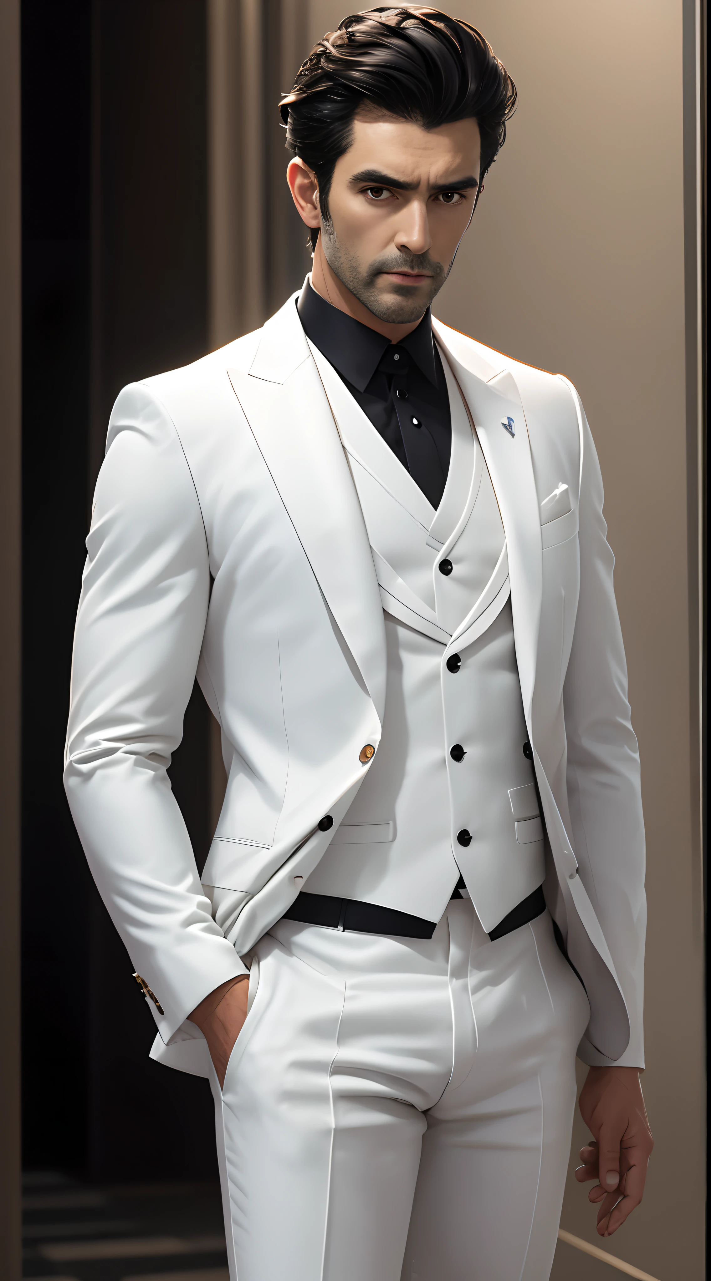 a black-haired man wearing a white suit 8k
