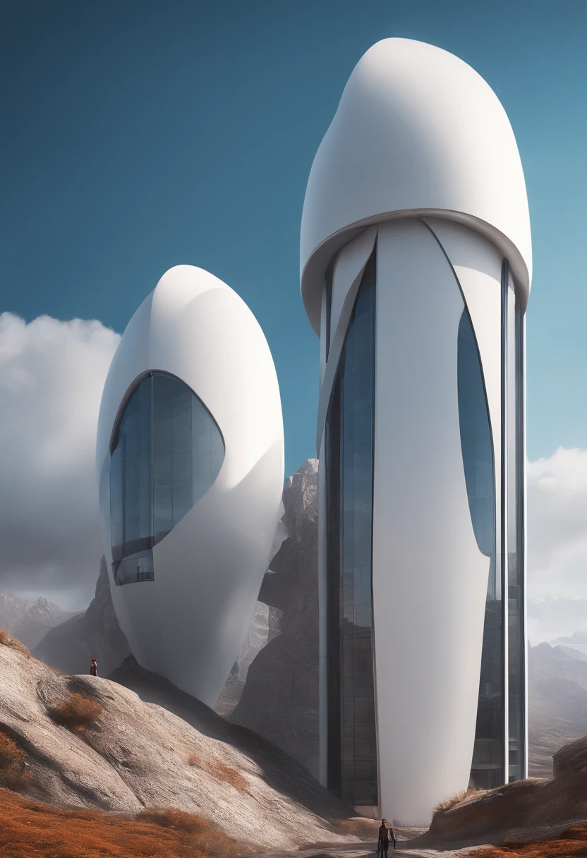 Spaceships and characters in science fiction landscapes, The background is a mountain, arte conceitual por Ludwik Konarzewski Jr, Vencedor do concurso CGSetline, arte espacial, arte scifi premiada, science fiction art, scifi illustration, scifi illustration, Greg Beeple, epic fantasy sci fi illustration, arte conceitual scifi, There are two large white buildings with the sky as a backdrop, Inspirado nas pinturas foscas de Cha Siyao, Vencedor do concurso Pexels, Modernismo, Fomento e Parceiros, arquitetura suave, arhitectural shot, with tall glass skyscrapers, fotografia de arquitetura, arquitetura arredondada, Futuristic building, foto de arquitetura, construction, etc, foto de arquitetura, Futuristic architecture, No estilo de Norman Foster, Surrealismo, arte conceitual, Futurismo, anime, Bauhaus, Cinematic lighting, Close-up, perspectiva, UHD, master part, ccurate, best quality