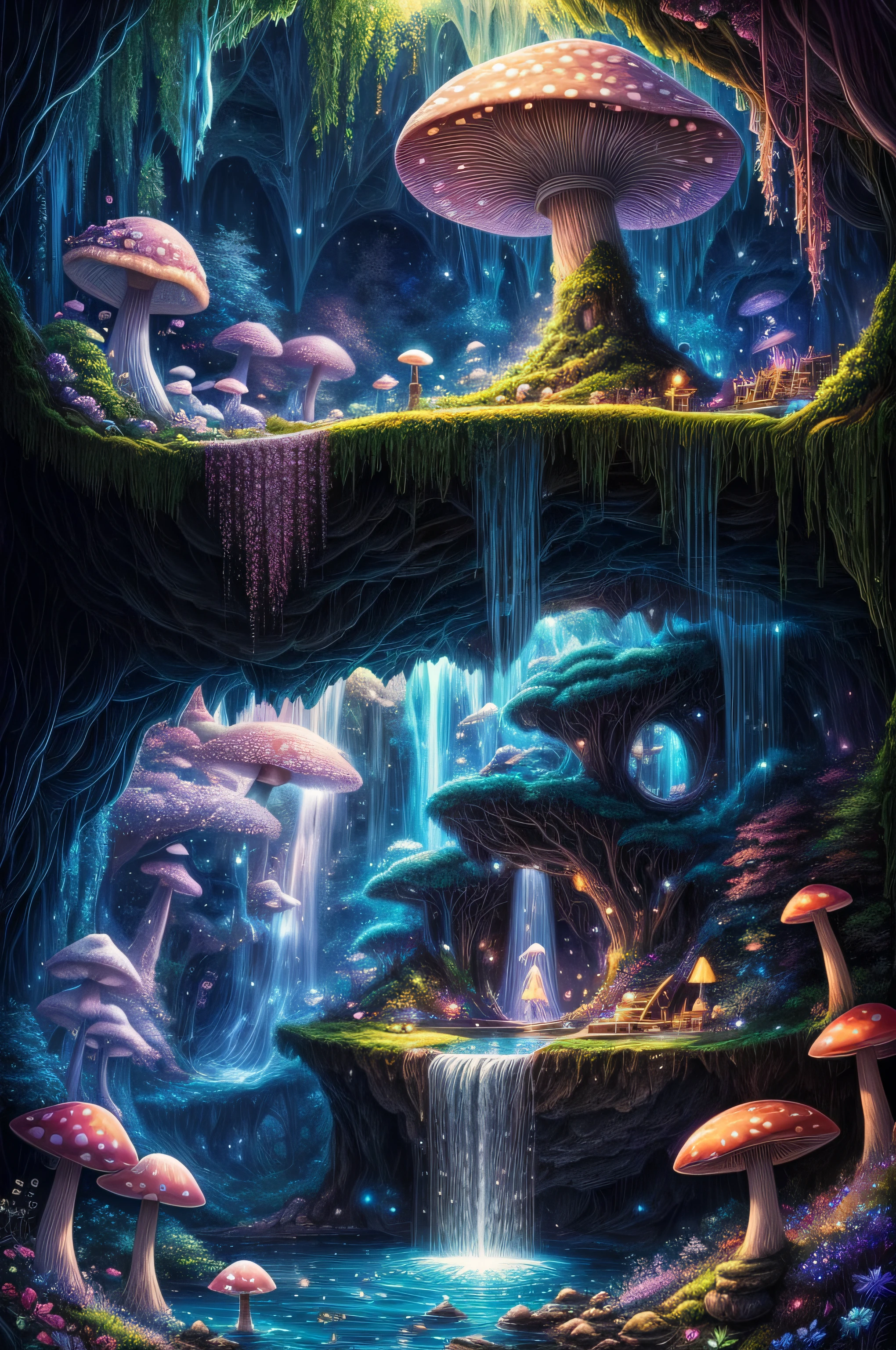 A whimsical, dreamlike artwork that combines elements of a "Waterfall Shower Girl Cave" with fantasy. The cave is nestled beneath a towering mushroom canopy, and the waterfall is a shimmering ribbon of liquid stardust. Inside the cave, a girl with wings bathes under the enchanting cascade, surrounded by fireflies