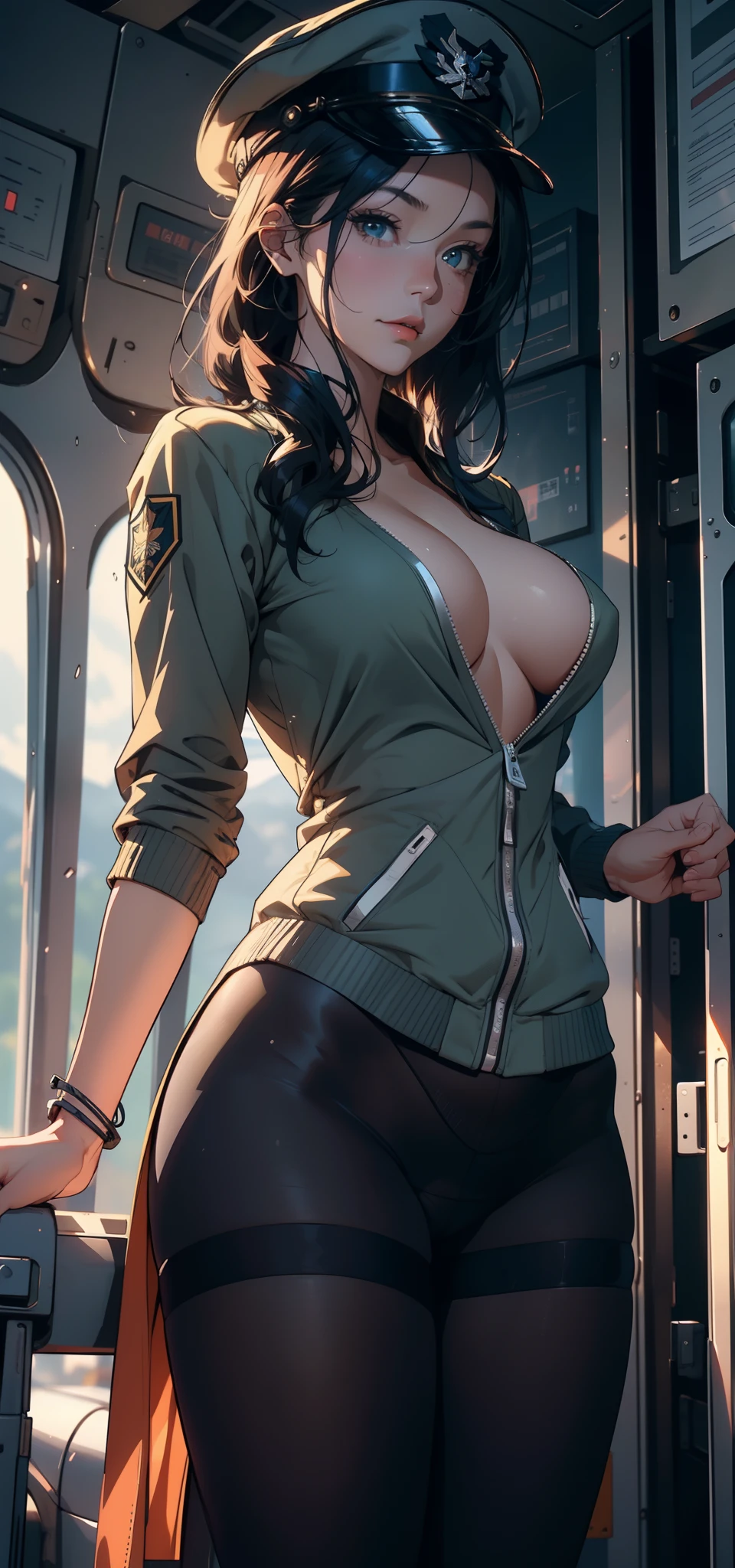 1female,41 years old,熟妇,A MILF,mature,plumw,extremely large bosom ,Pornographic exposure, 独奏,(Background with:The plane is in flight,Planes,inside of a cabin,) She has short blue hair,bobo head,Stand in the pilot's seat of the aircraft,seen from the front, hair straight, mostly cloudy sky,(((tmasterpiece),(Very detailed CG unity 8K wallpaper),best qualtiy,cinmatic lighting,detailed back ground,beatiful detailed eyes,Bright pupils,(Very fine and beautiful),(Beautiful and detailed eye description),ultra - detailed,tmasterpiece,)),facing at camera,A high resolution,ultra - detailed),revealing breasts,Bare genitalia, Bulge,legs are open,Raised sexy,Camel toes,Flushed complexion,Open-mouthed,frontage,us airforce,Aviator,Officer's cap,(Wearing:Dark green baseball jacket,Black pantyhose)The upper part of the body