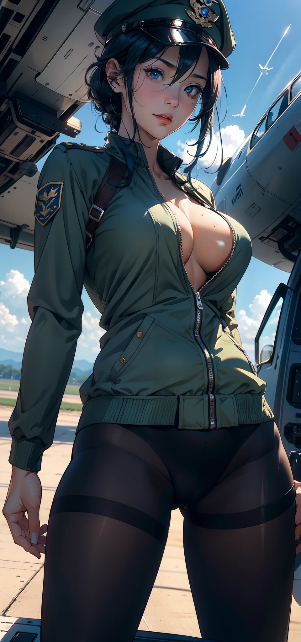 1female,41 years old,熟妇,A MILF,mature,plumw,extremely large bosom ,Pornographic exposure, 独奏,(Background with:The plane is in flight,Planes,inside of a cabin,) She has short blue hair,bobo head,Stand in the pilot's seat of the aircraft,seen from the front, hair straight, mostly cloudy sky,(((tmasterpiece),(Very detailed CG unity 8K wallpaper),best qualtiy,cinmatic lighting,detailed back ground,beatiful detailed eyes,Bright pupils,(Very fine and beautiful),(Beautiful and detailed eye description),ultra - detailed,tmasterpiece,)),facing at camera,A high resolution,ultra - detailed),revealing breasts,Bare genitalia, Bulge,legs are open,Raised sexy,Camel toes,Flushed complexion,Open-mouthed,frontage,us airforce,Aviator,Officer's cap,(Wearing:Dark green baseball jacket,Black pantyhose)The upper part of the body
