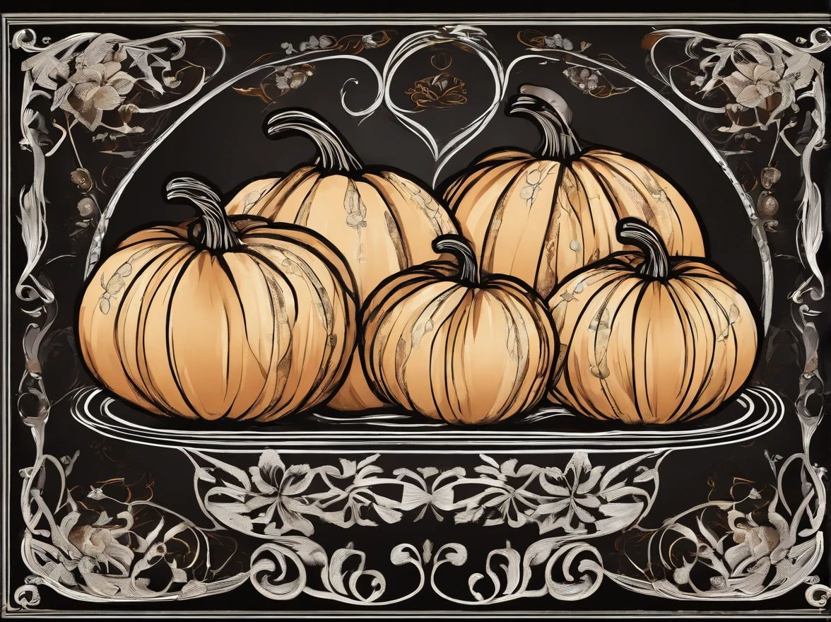 pumpkins in a basket, dark background, --Caravaggio style, --no frames or canvas