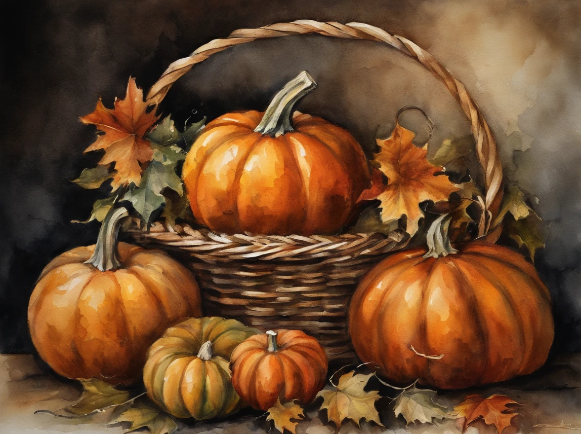 pumpkins in a basket, dark background, --Caravaggio style, --no frames or canvas