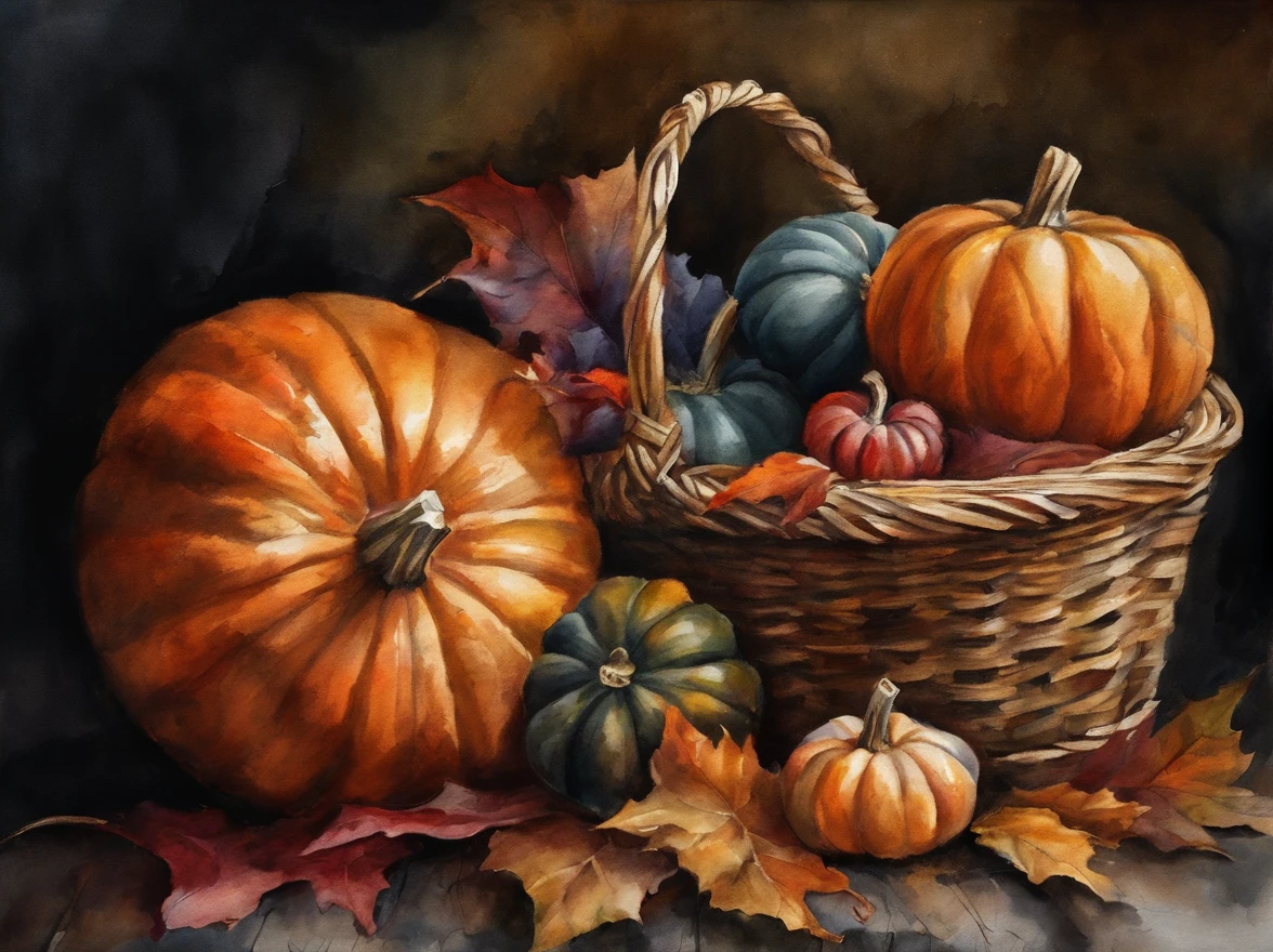 pumpkins in a basket, dark background, --Caravaggio style, --no frames or canvas