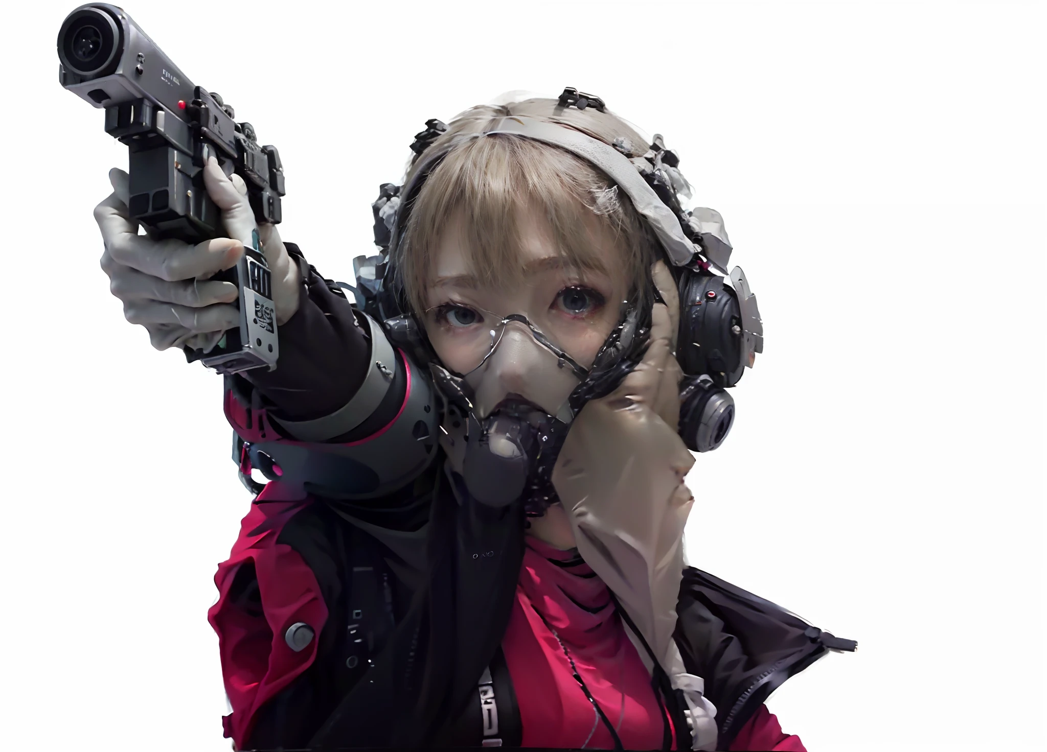 um close up de uma pessoa segurando uma arma cyberpunk com um oculos fpv de guerra ukraniano Ando Tadao, Yukito Kishiro, Takumi Fujiwara, Joongwon Carlos Jeong, com pistola, yukio - e, Hsiao-Rony, Ito Masahiro, ella frey lora cyberpunk arm, Cyberhand cannon, Laser vision in hand no eyes, using a oculus rift black fpv