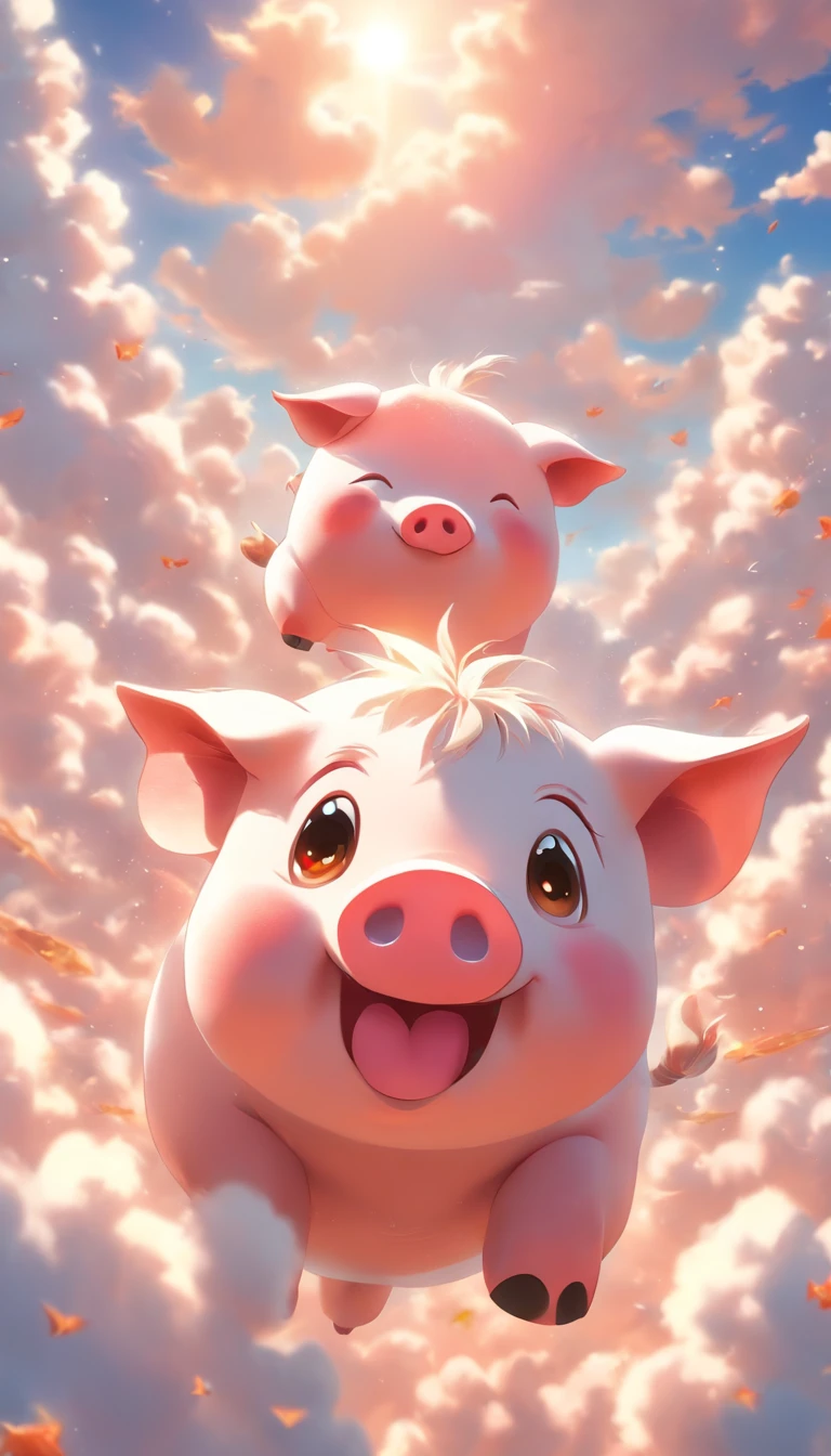 (best quality,4k,highres),(realistic:1.37),vivid colors,sharp focus,physically-based rendering,ultra-detailed,clouds made pig,lively sky,ocean of clouds,playful pig,fluffy clouds,pig-shaped clouds,puffy white clouds,piggy in the sky,sunny sky,blue sky,white clouds,smiling piggy,joyful pig
