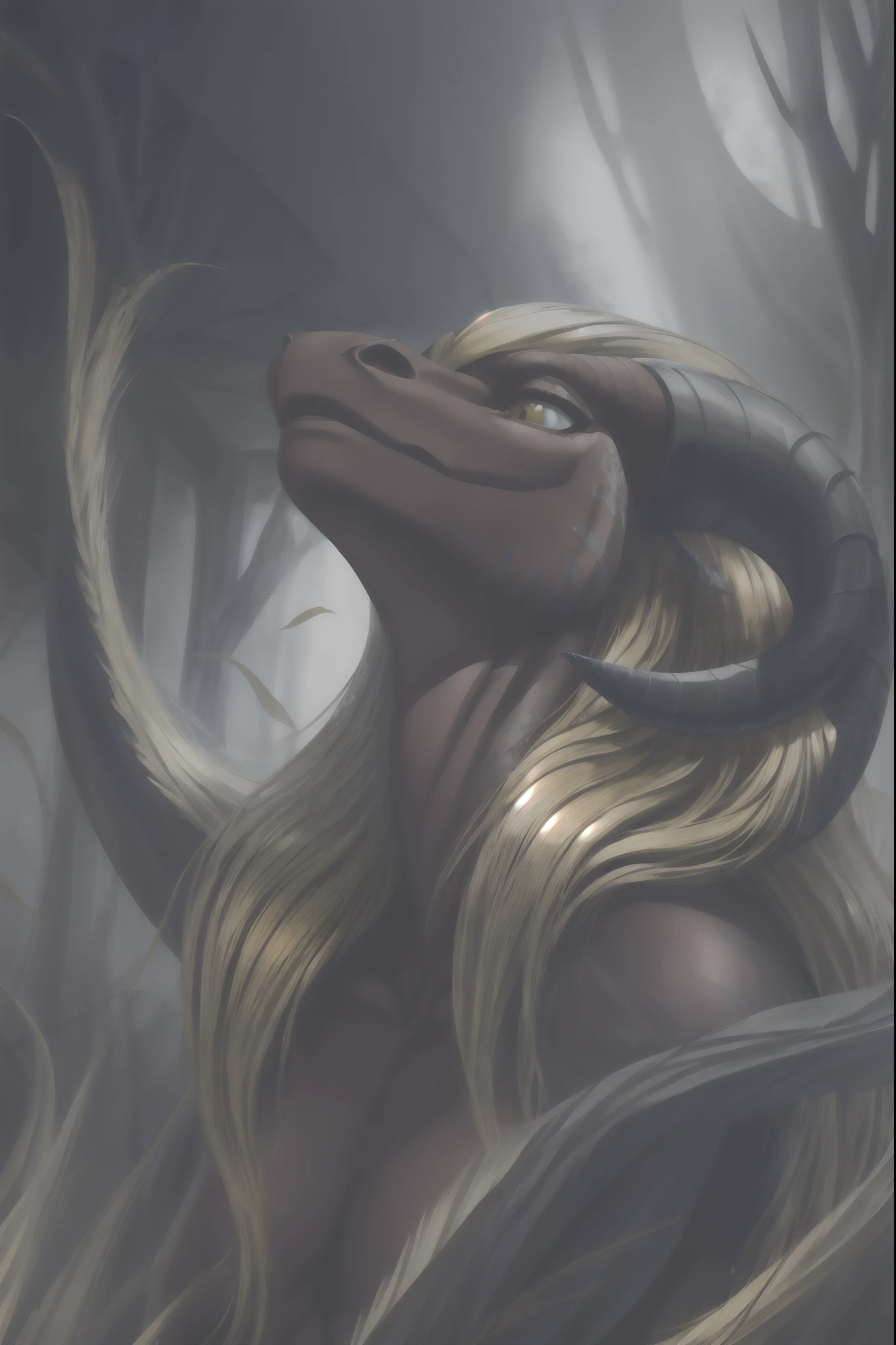 (liz'alia,red body,black horn,yellow hair,scalie,sfw),(best quality:1.2),ultra-detailed,(realistic:1.37),vivid colors,detailed scales,dramatic lighting,portrait,ethereal composition,shiny texture,red and black color scheme,contrasting colors,curved horns,flowing yellow hair,graceful pose,mystical atmosphere,dreamlike scenery,subtle highlights,fantastical creature,otherworldly beauty,subdued background,majestic presence,vibrant and rich colors,striking contrast,youthful and innocent expression