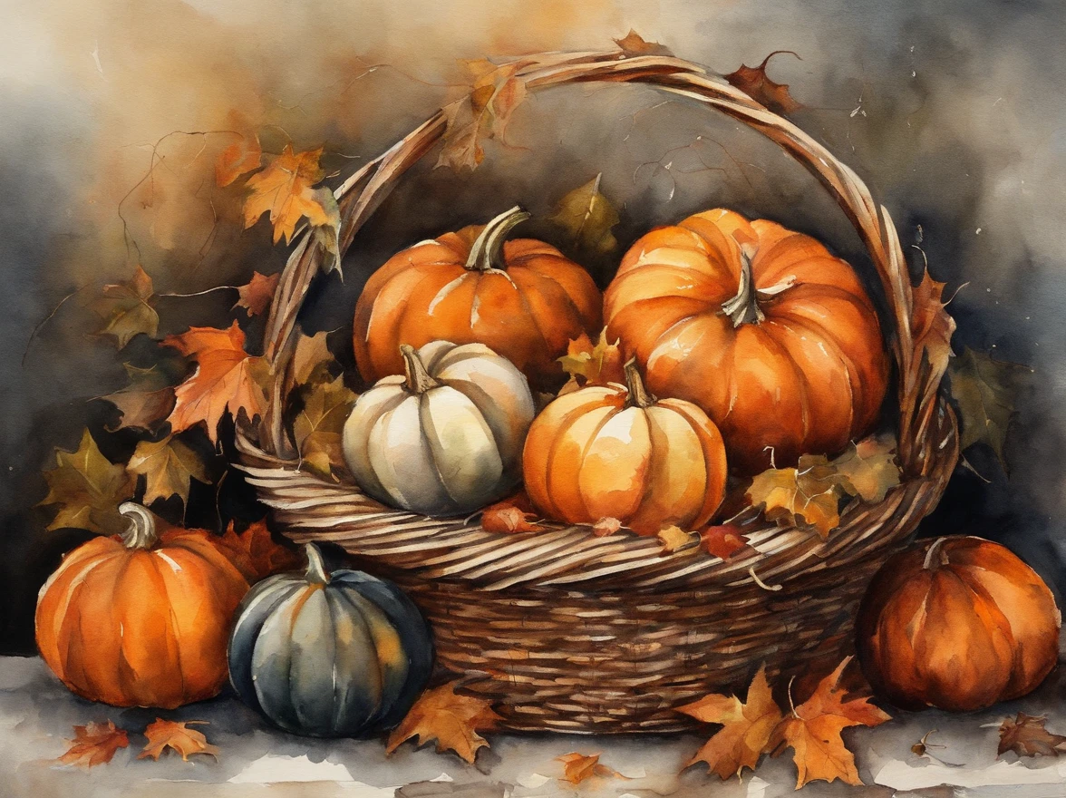 pumpkins in a basket, dark background, --Caravaggio style, --no frames or canvas