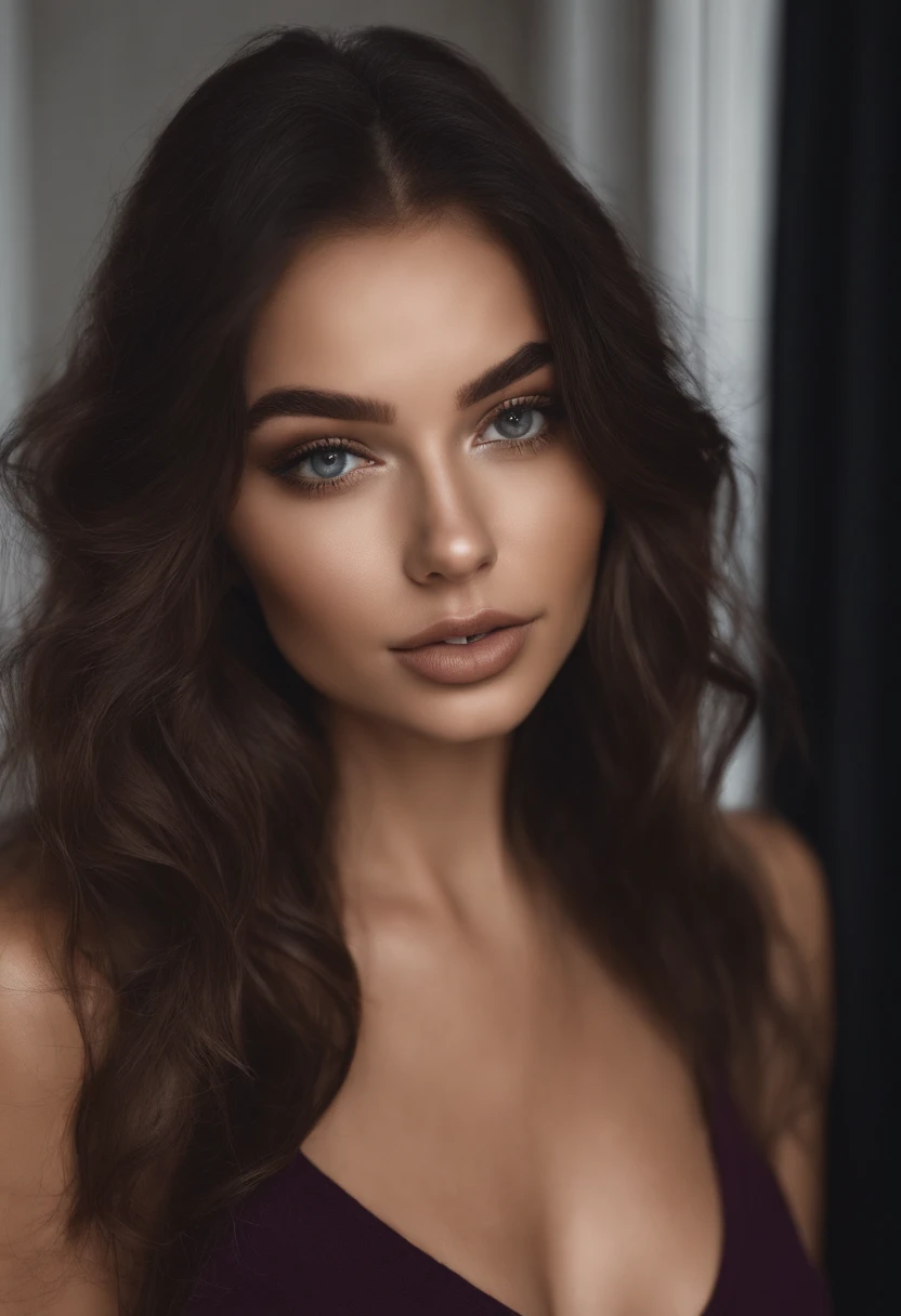 Arafed woman with black clothes, fille sexy aux yeux bruns, Portrait Sophie Mudd, cheveux bruns et grands yeux, selfie of a young woman, Yeux de chambre, Violet Myers, sans maquillage, maquillage naturel, looking straight at camera, Visage avec Artgram, Maquillage subtil, Superbe photo du corps entier, sur un balcon le soire clivage
