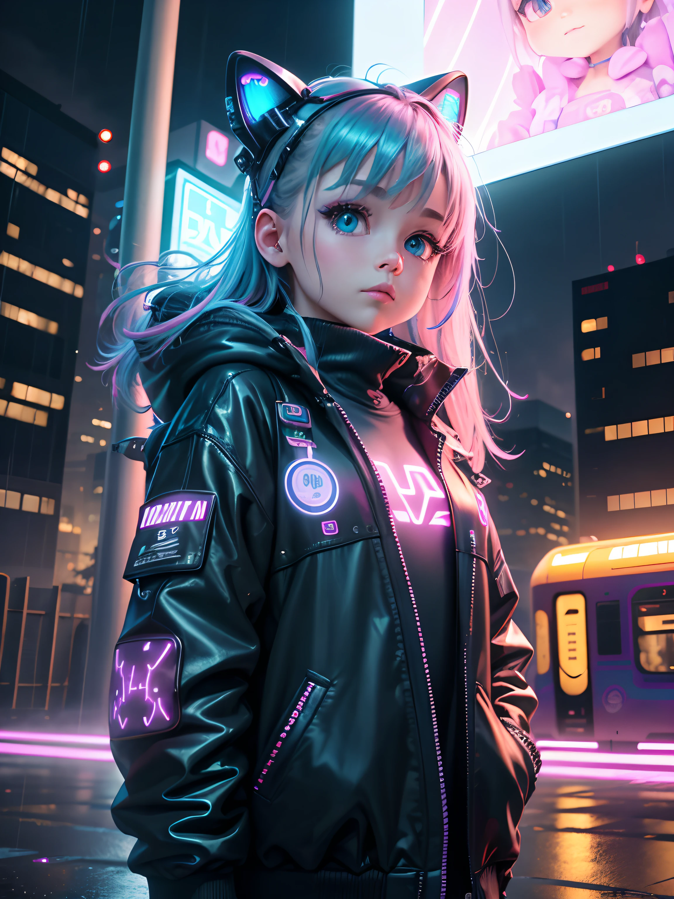 (best quality,4k,8k,highres,masterpiece:1.2),ultra-detailed,(realistic,photorealistic,photo-realistic:1.37),cyberpunk,baby,cute,glowing eyes,wire-framed baby face,neon lights,high-tech stroller,hovering toys,futuristic cityscape backdrop,flying drones with baby monitors,loving parents in futuristic outfits,metallic baby pacifier,digital graffiti on buildings,rain-soaked streets,electric blue color scheme,interactive holograms of baby animals,edgy yet adorable,neon pink and green accents,digital enhancements,sci-fi elements,urban decay with a touch of sweetness,holographic teddy bear,electrically charged atmosphere,retro-futuristic aesthetic,android nanny,high-speed neon-lit train passing by,pixelated clouds,technological advancements integrated into everyday life,glittering raindrops,urban fashion with a twist of cuteness.