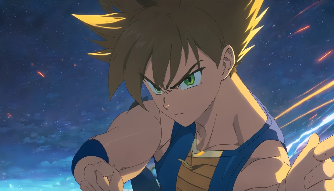 uma arte perfeita de Vegeta como Super Sayajin, cabelos amarelos e olhos verdes, envolto em energias e raios amarelos, sarcastic expression, well-defined muscles, Sombras realistas, incredible details, olhos perfeitos, perfect hands, corpo inteiro, roupa azul, Dark sky in the background.