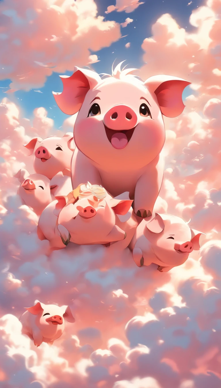 (Best quality,4K,A high resolution),(Realistic:1.37),Vivid colors,Sharp focus,Physically-based rendering,Ultra-detailed,Cloud makes pigs,Lively sky,Sea of Clouds,Naughty pigs,Fluffy clouds,Pig-shaped clouds,puffy white clouds,Piglet in the sky,Blue sky,White clouds,Smiling piglet,Happy pig