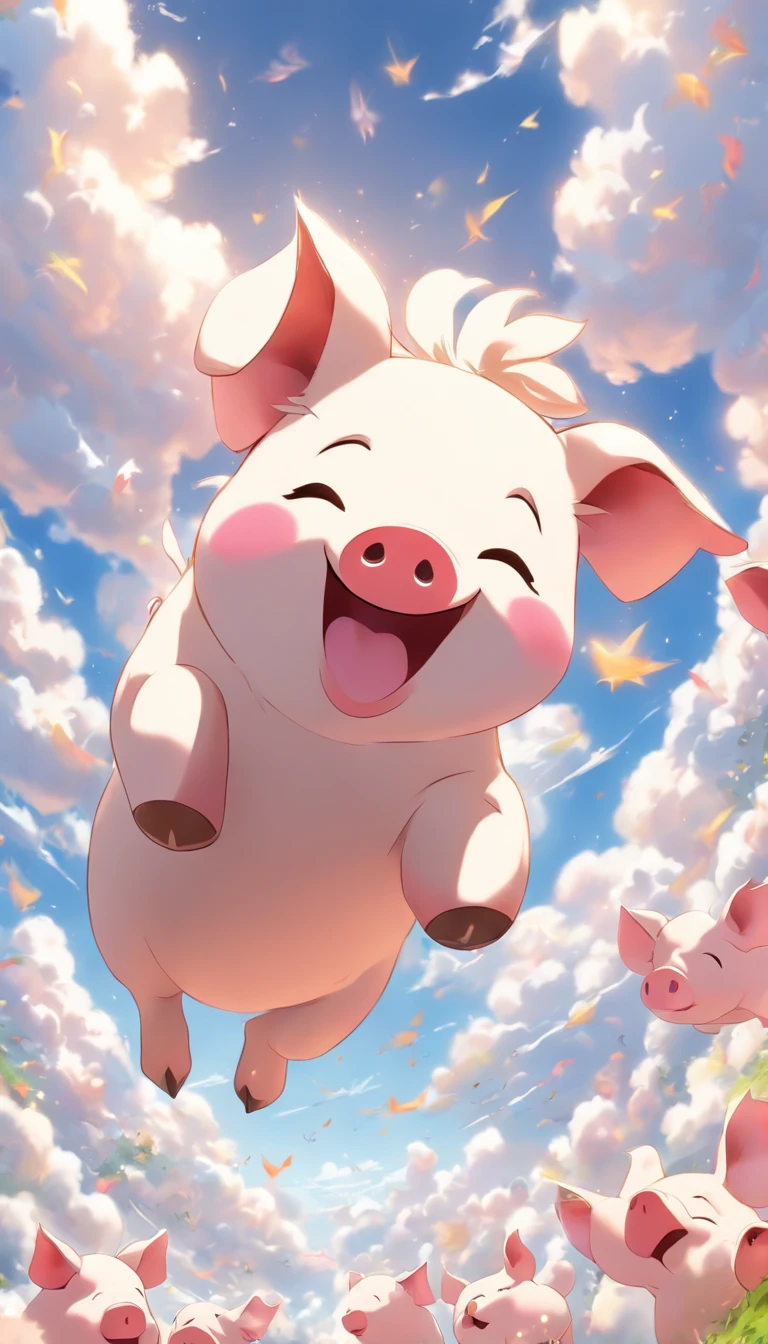 (Best quality,4K,A high resolution),(Realistic:1.37),Vivid colors,Sharp focus,Physically-based rendering,Ultra-detailed,Cloud makes pigs,Lively sky,Sea of Clouds,Naughty pigs,Fluffy clouds,Pig-shaped clouds,puffy white clouds,Piglet in the sky,Blue sky,White clouds,Smiling piglet,Happy pig