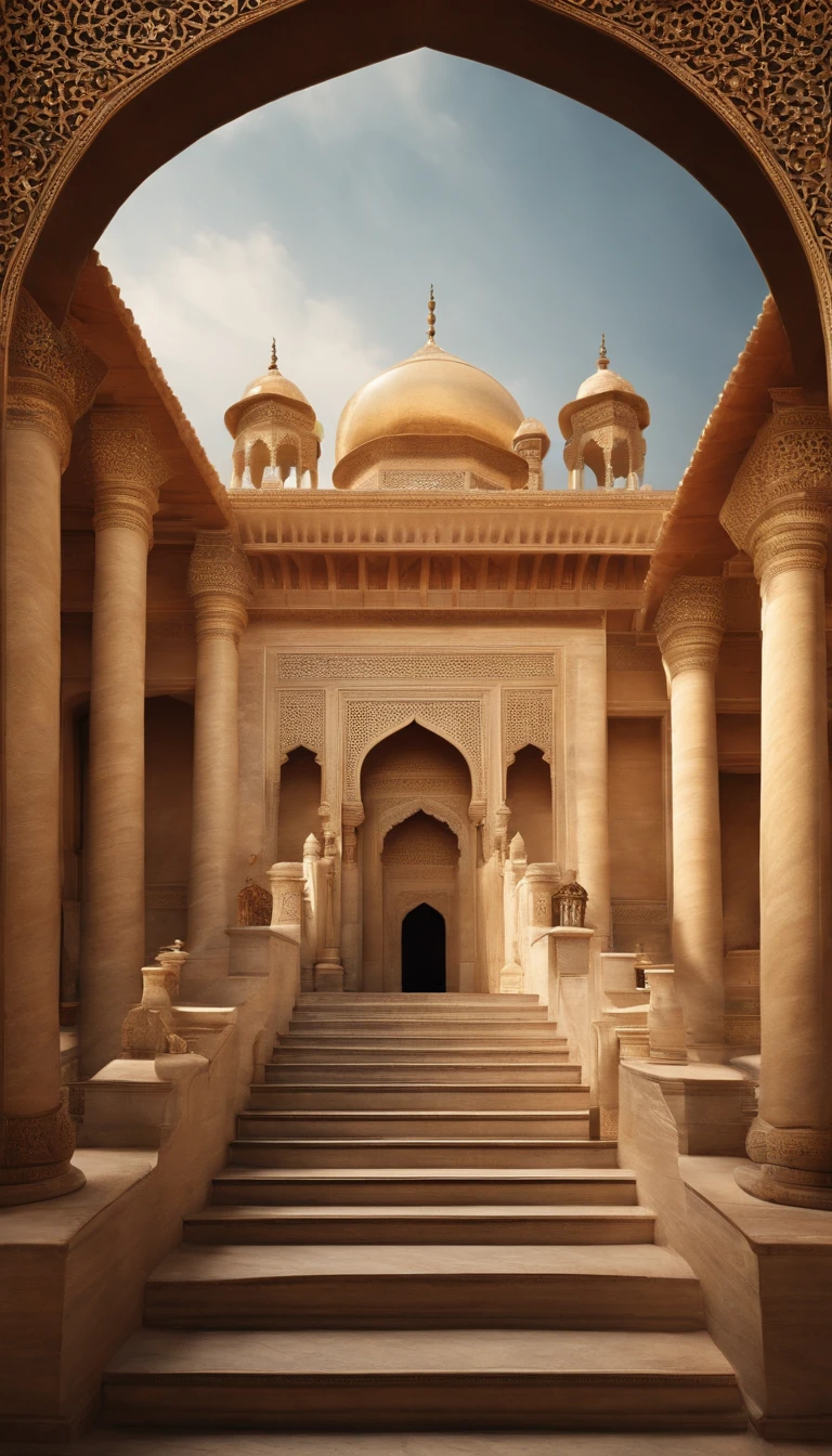 Describe a majestic scene of the Sultan's palace, where a long marble staircase extends to the main entrance. Along the staircase, various subjects dressed in luxurious attire are ascending, each carrying precious gifts, while eagerly awaiting the Sultan's approval. The atmosphere is filled with anticipation and reverence as they approach the magnificent palace.