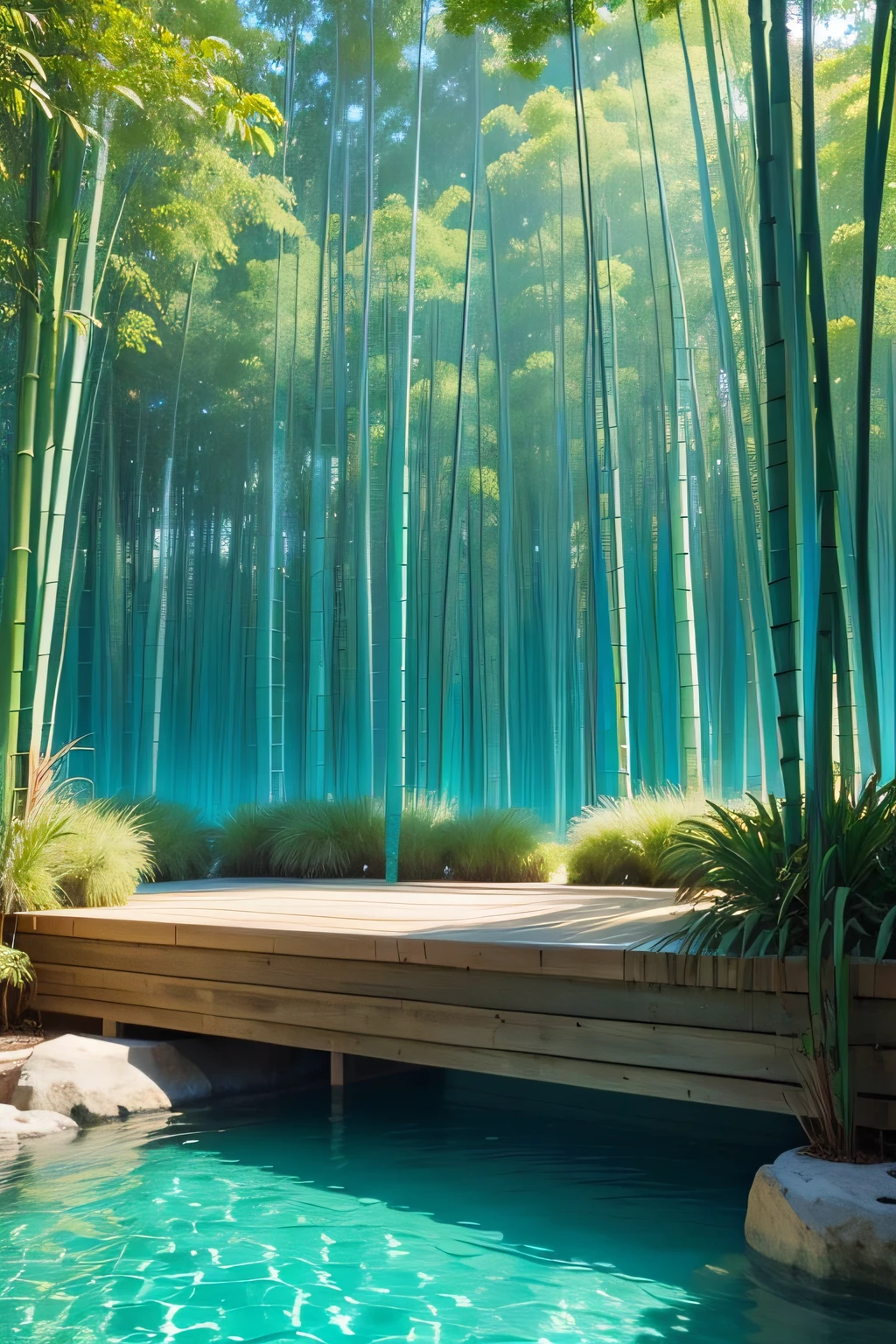 ILUSTRATIVO, TRUNKS OF SMALL STEMS OF DECORATIVE BAMBOO IN TURQUOISE GREEN WATERS, ESPACIO LATERAL DE COPY SPACE