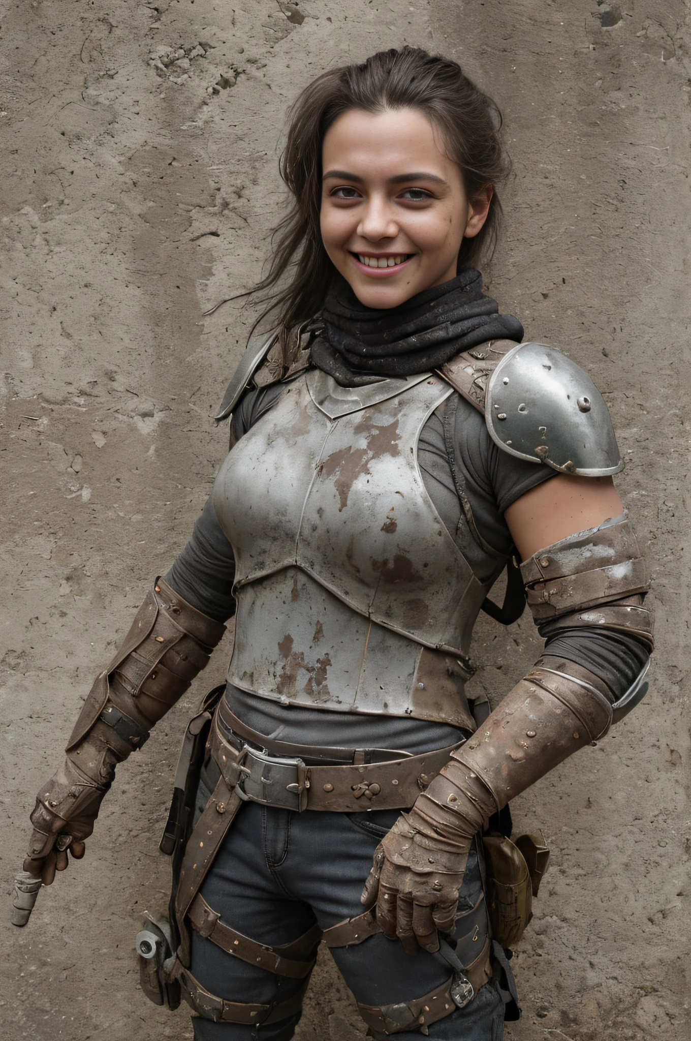 (post apocalyptic, cavaleiro bonito na armadura da metal pesado:1.1), sorriso feliz, (Sardas, manchas na pele, sangue:1.2), hair loiro, cabelos brancos,
profundidade de campo, poeira leve, ao ar livre, cinemactic
