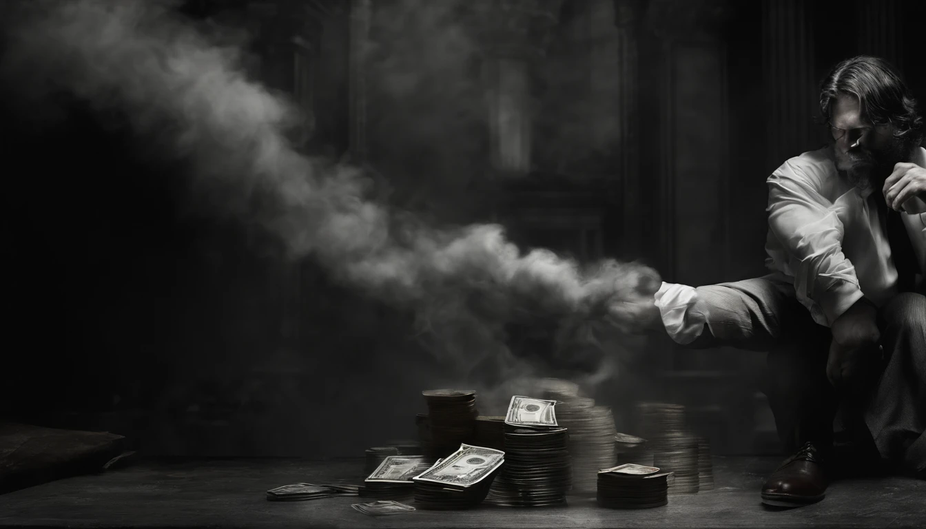 A person who struggles with money, Oil painting, Harsh brushstrokes, Dramatic lighting, Intense expression, Determined eyes, Clenched fists, Sweat dripped down his face, Ruffled suit, broken chain, Crumbling dollar bills, Crumbling stock market charts, Smoke in the background, Black and white with a touch of gold, Realism. (Best quality, A high resolution, Ultra-detailed), (Realistic:1.37), professional, Vivid colors.
