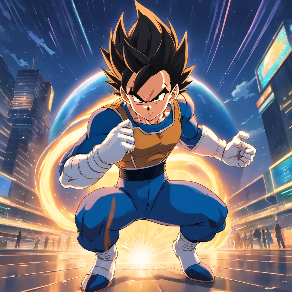 uma arte perfeita de Vegeta como Super Sayajin, cabelos amarelos e olhos verdes, envolto em energias e raios amarelos, sarcastic expression, well-defined muscles, Sombras realistas, incredible details, olhos perfeitos, perfect hands, corpo inteiro, roupa azul, Dark sky in the background.