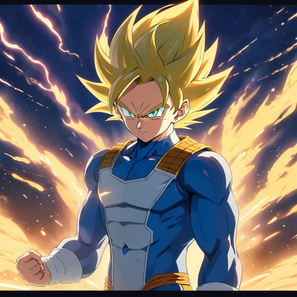 uma arte perfeita de Vegeta como Super Sayajin, cabelos amarelos e olhos verdes, envolto em energias e raios amarelos, sarcastic expression, well-defined muscles, Sombras realistas, incredible details, olhos perfeitos, perfect hands, corpo inteiro, roupa azul, Dark sky in the background.