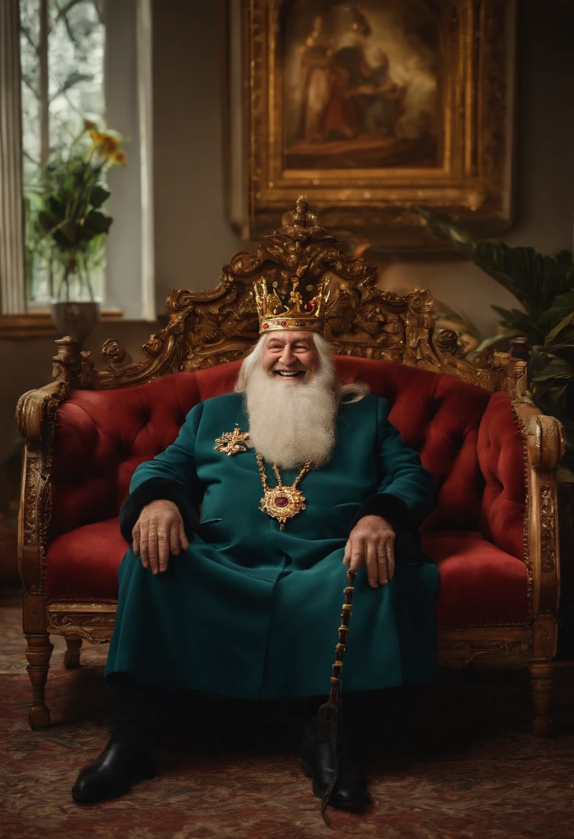 A wise old King with a crown on his head laughing sitting on a couch and watching television in the living room and remote control in hand.