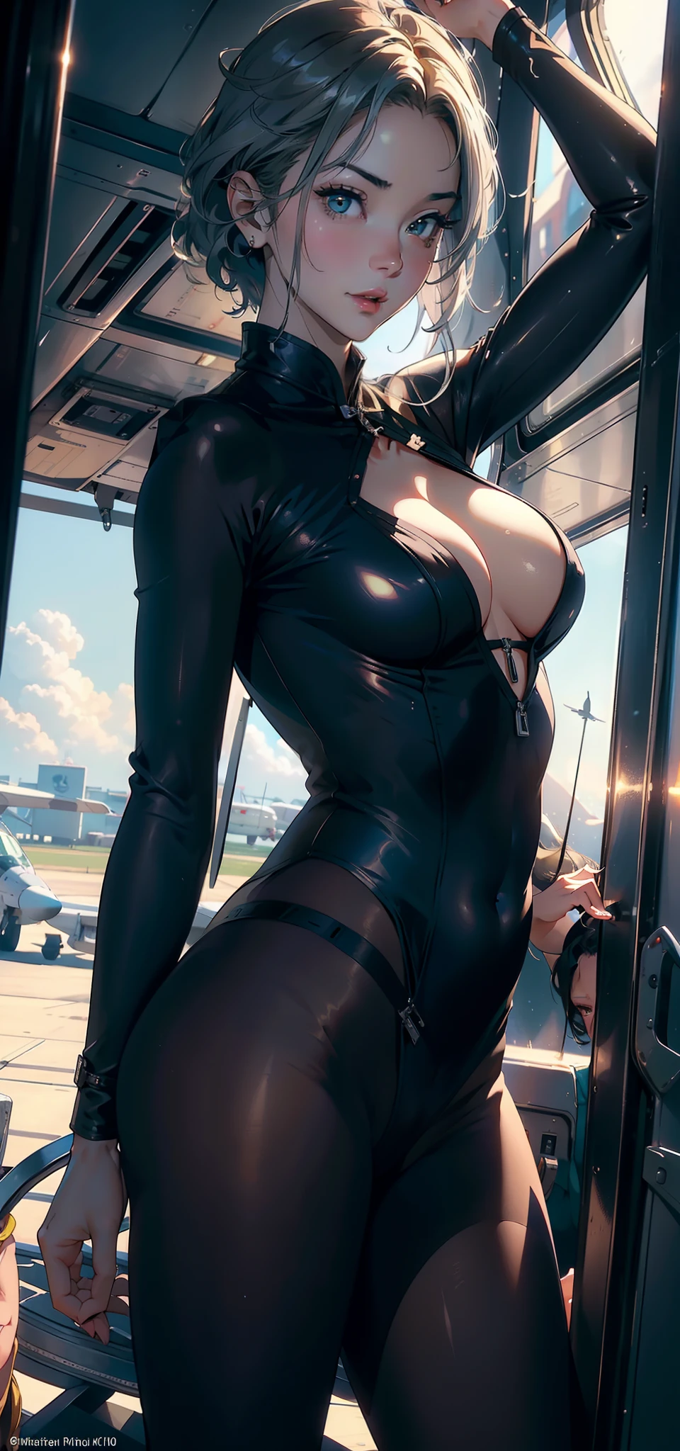 1female,41 years old,熟妇,A MILF,mature,plumw,extremely large bosom ,Pornographic exposure, 独奏,(Background with:The plane is in flight,Planes,inside of a cabin,) She has short silver hair,bobo head,Stand in the pilot's seat of the aircraft,seen from the front, hair straight, mostly cloudy sky,(((tmasterpiece),(Very detailed CG unity 8K wallpaper),best qualtiy,cinmatic lighting,detailed back ground,beatiful detailed eyes,Bright pupils,(Very fine and beautiful),(Beautiful and detailed eye description),ultra - detailed,tmasterpiece,)),facing at camera,A high resolution,ultra - detailed),revealing breasts,Bare genitalia, Bulge,legs are open,Raised sexy,Camel toes,Flushed complexion,Open-mouthed,frontage,us airforce,Aviator,(Wearing:Dark green cheongsam,Black pantyhose)The upper part of the body