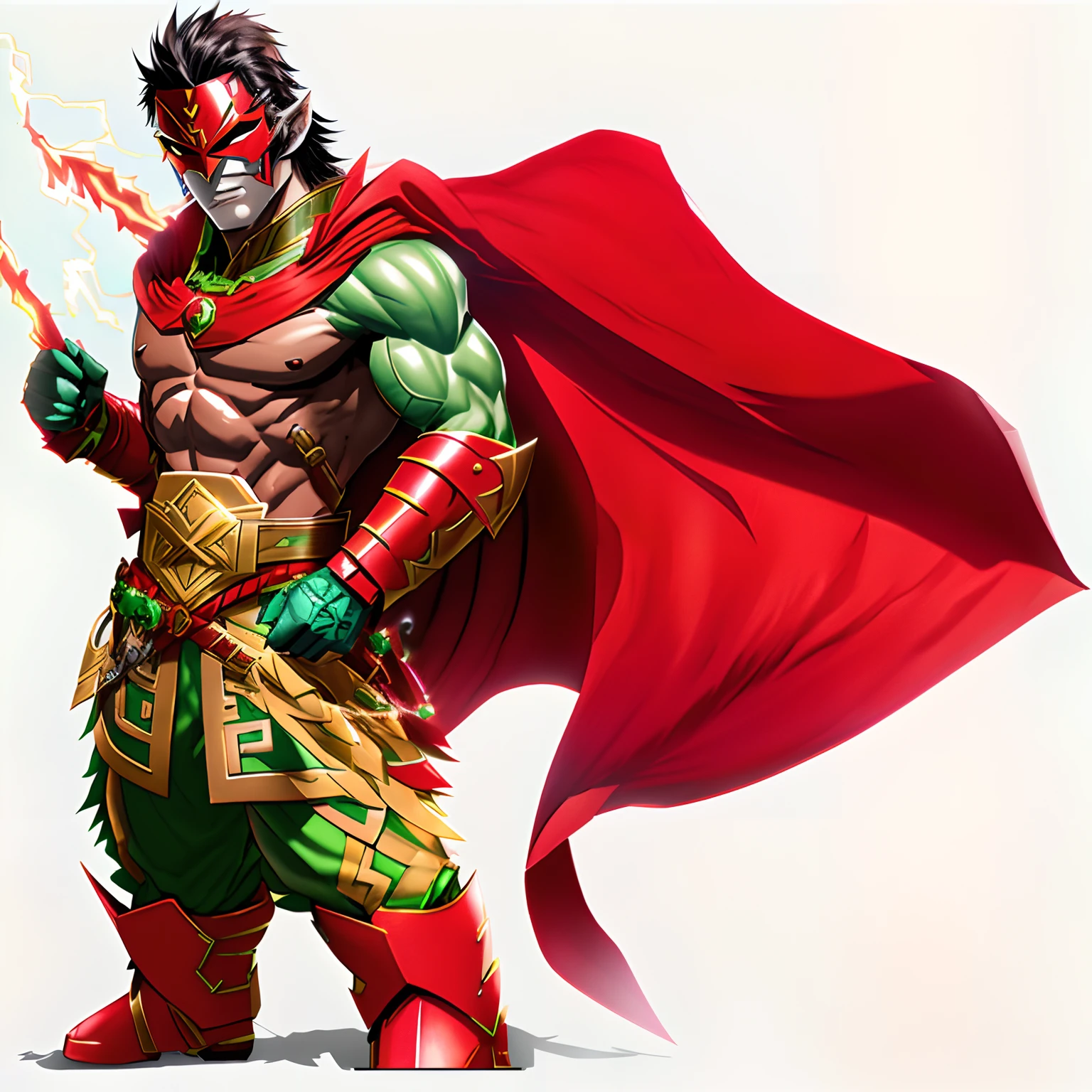 male, green skin, half-orc ,black hair, very muscular, green wide flat nose, broad green chin, giga chad chin , wearing red mask, red cape, wearing large gold round belt buckle, (Greek bronze brown chest armor), red boots, flaming hands, electricity from hands,
