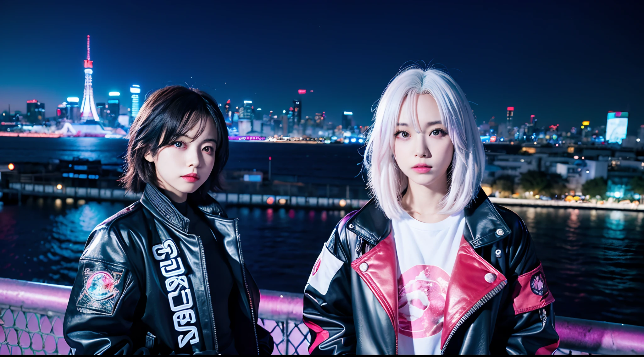 Close-up of the city with neon sunset in the background, Synthwave City, vaporwave city, Synthwave aesthetics, Neon City in the background, Background of Neo Tokyo, Neon metropolis in the background, Futuristic urban background, cyberpunk aesthetics, The city's backstory is cyberpunk, Purple Cyberpunk City, cyberpunk city background, cyberpunk aesthetics, cyberpunk atmosphere, Cyberpunk cityscape,anime clouds, Anime background, anime sky, in style of makoto shinkai, Beautiful puffy clouds. the anime, style of makoto shinkai, makoto sinkai!, beautiful anime scenery, based on Makoto Shinkai, Anime Landscape Wallpaper, makoto sinkai!!, Makoto Shinkai art style,japanaese girl,pale skin,beatiful face(white colored hair)red jacket,Tokyo at night, with Cyberpunk style,Japanese streetwear,Tokyo Fashion,In a Cyberpunk 2 jacket 0 7 7,Full-length,attractive pose,Bottom view