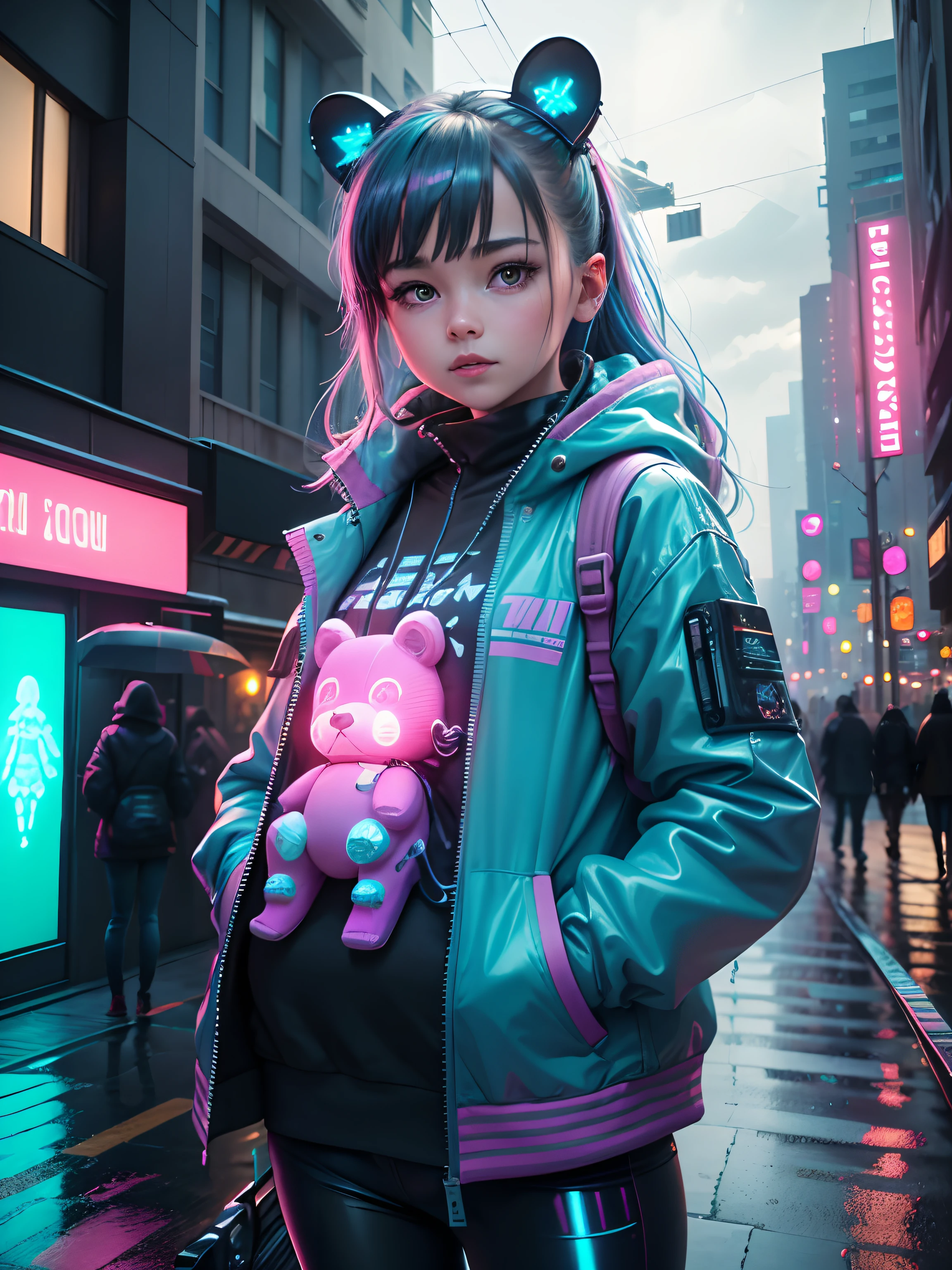 (best quality,4k,8k,highres,masterpiece:1.2),ultra-detailed,(realistic,photorealistic,photo-realistic:1.37),cyberpunk,,cute,glowing eyes,wire-framed babye,neon lights,high-tech stroller,hovering toys,futuristic cityscape backdrop,flying drones with baby monitors,loving parents in futuristic outfits,metallic baby pacifier,digital graffiti on buildings,rain-soaked streets,electric blue color scheme,interactive holograms of baby ani,edgy yet adorable,neon pink and green accents,digital enhancements,sci-fi elements,urban decay with a touch of sweetness,holographic teddy bear,electrically charged atmosphere,retro-futuristic aesthetic,android nanny,high-speed neon-lit train passing by,pixelated clouds,technological advancements integrated into everyday life,glittering raindrops,urban fashion with a twist of cuteness.