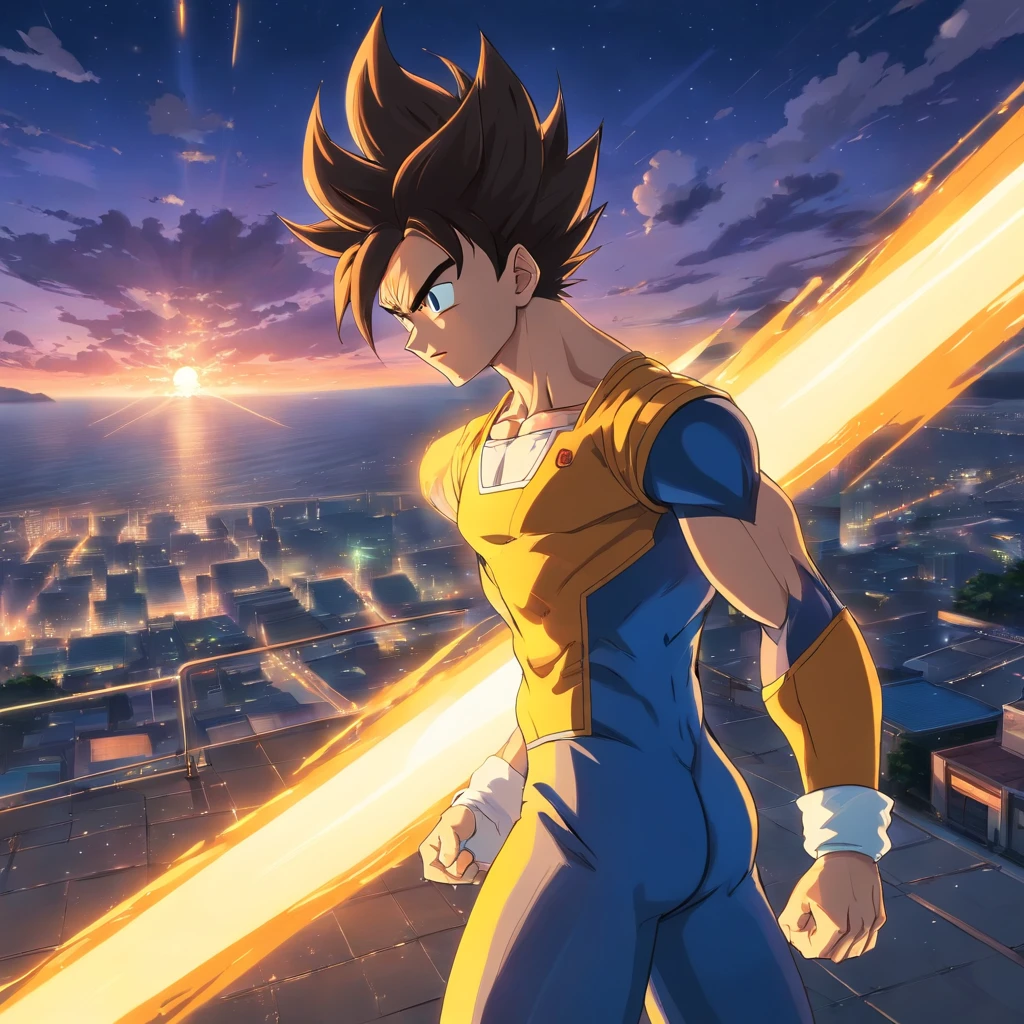 uma arte perfeita de Vegeta como Super Sayajin, cabelos amarelos e olhos verdes, envolto em energias e raios amarelos, sarcastic expression, well-defined muscles, Sombras realistas, incredible details, olhos perfeitos, perfect hands, corpo inteiro, roupa azul, Dark sky in the background.