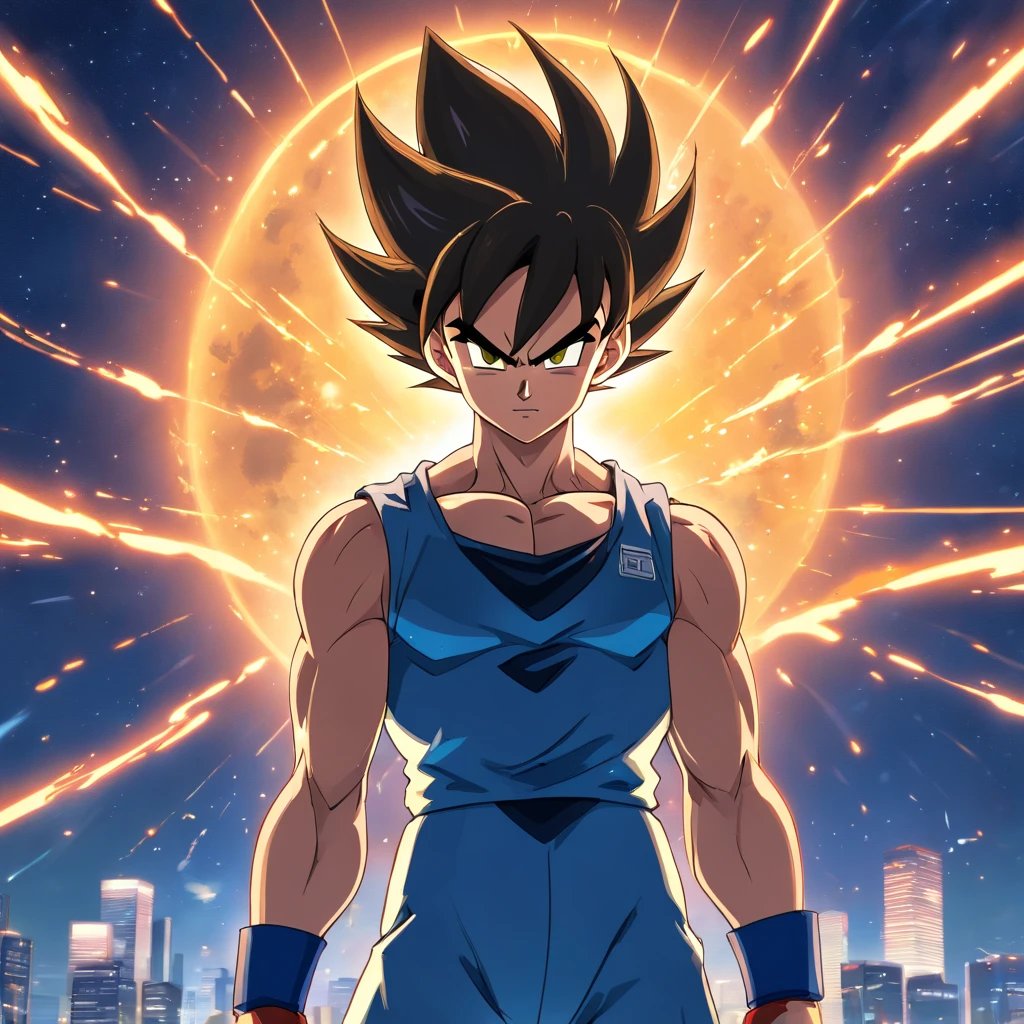 uma arte perfeita de Vegeta como Super Sayajin, cabelos amarelos e olhos verdes, envolto em energias e raios amarelos, sarcastic expression, well-defined muscles, Sombras realistas, incredible details, olhos perfeitos, perfect hands, corpo inteiro, roupa azul, Dark sky in the background.