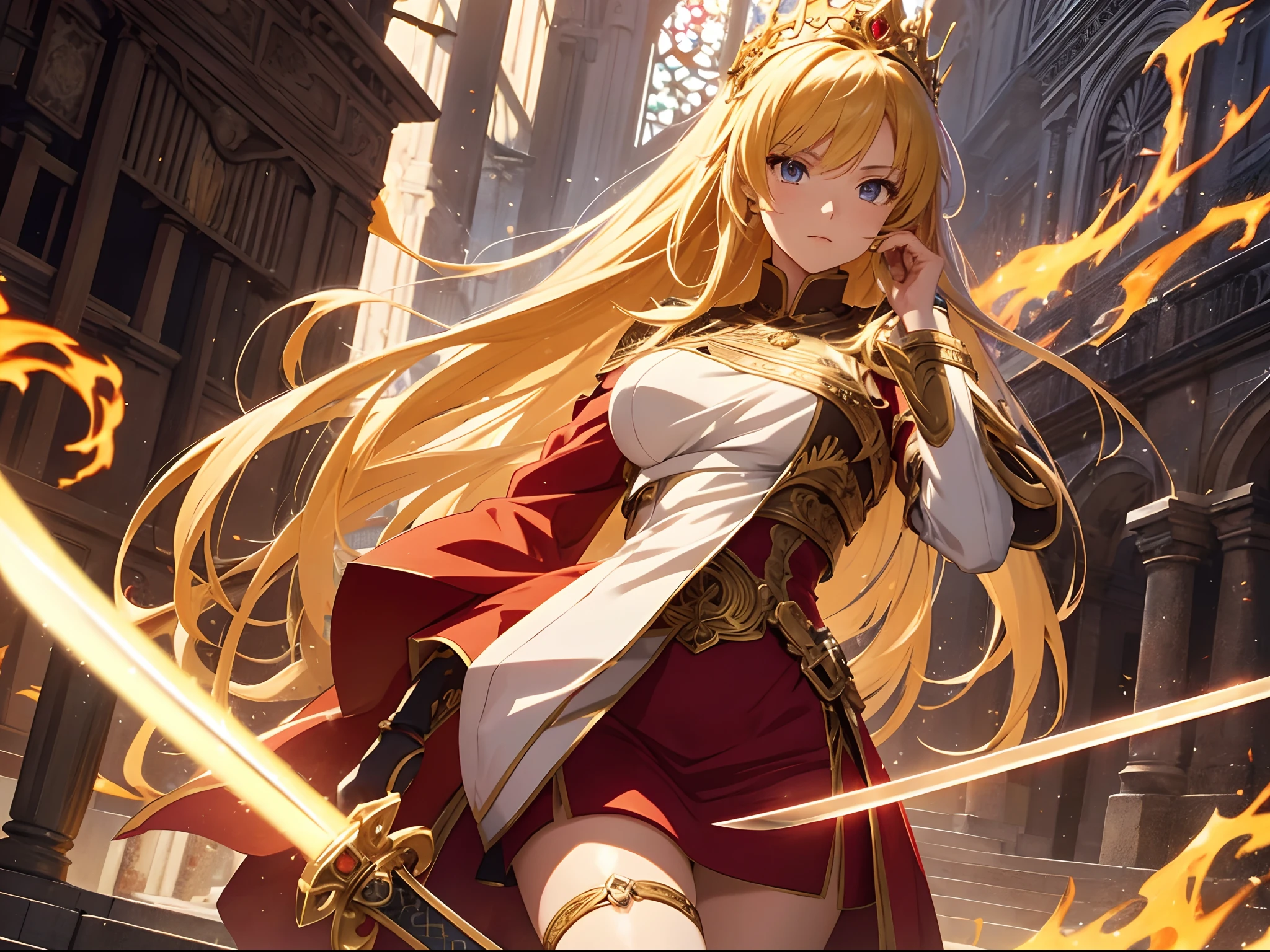 anime style, illustration, Makoto Shinkas style, anime movie style, best quality, 16k, RAW, [best detailed], masterpiece, best quality, (extremely detailed), full body, fantasy art, RPG art, a picture of a beautiful 20 year old princess with big boobs to the right side with long blonde hair and a jeweled crown on top of her head, holding a (((Sword))) in her hand, the sword is surrounded by flames, that has flames around it. fantasy female princess wearing a red skin tight dress with golden embroidery Masterpiece, best quality), blonde hair, dynamic eyes color, ultra detailed anime face (intense details, anime art style, best quality), holding a magical sword in her hand, (intense details, Masterpiece, best quality), she is walking down the street of her capital city with guards behind her, (intense details, Masterpiece, best quality), cathedral with a clock tower background, with small shops built with concrete slabs, roman style background to her left side, (intense details, Masterpiece, best quality), High Detail, anime art style, High Resolution, 16K Resolution, Ultra HD Pictures, Clear Details, anime Detail, anime art style