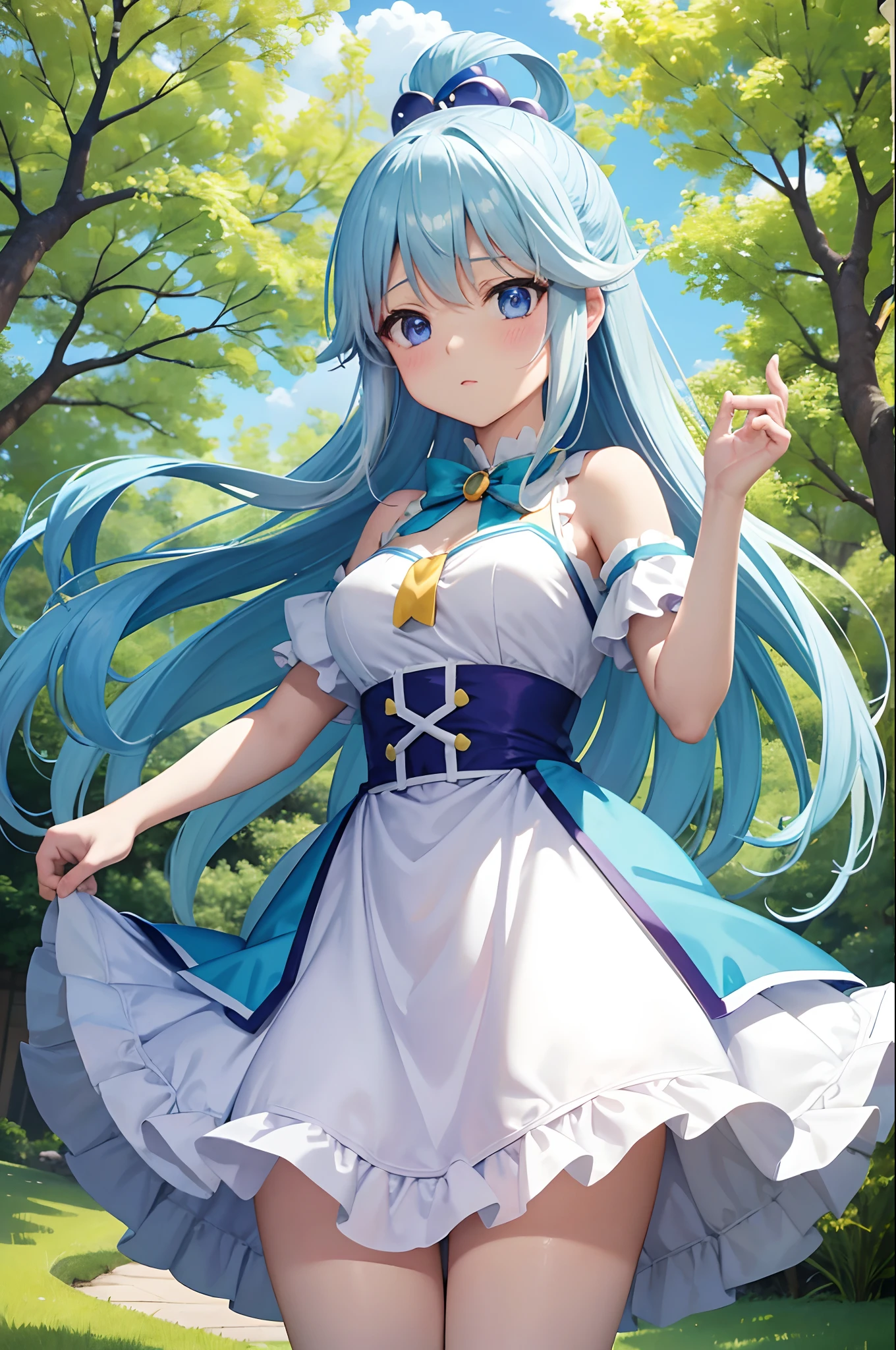 masterpiece, top-quality, Princess_aqua_Konosuba, White and purple dress, blue eyes, blue hairs, standingn, (borgar: 1.1), clouds, and yellow ginkgo trees