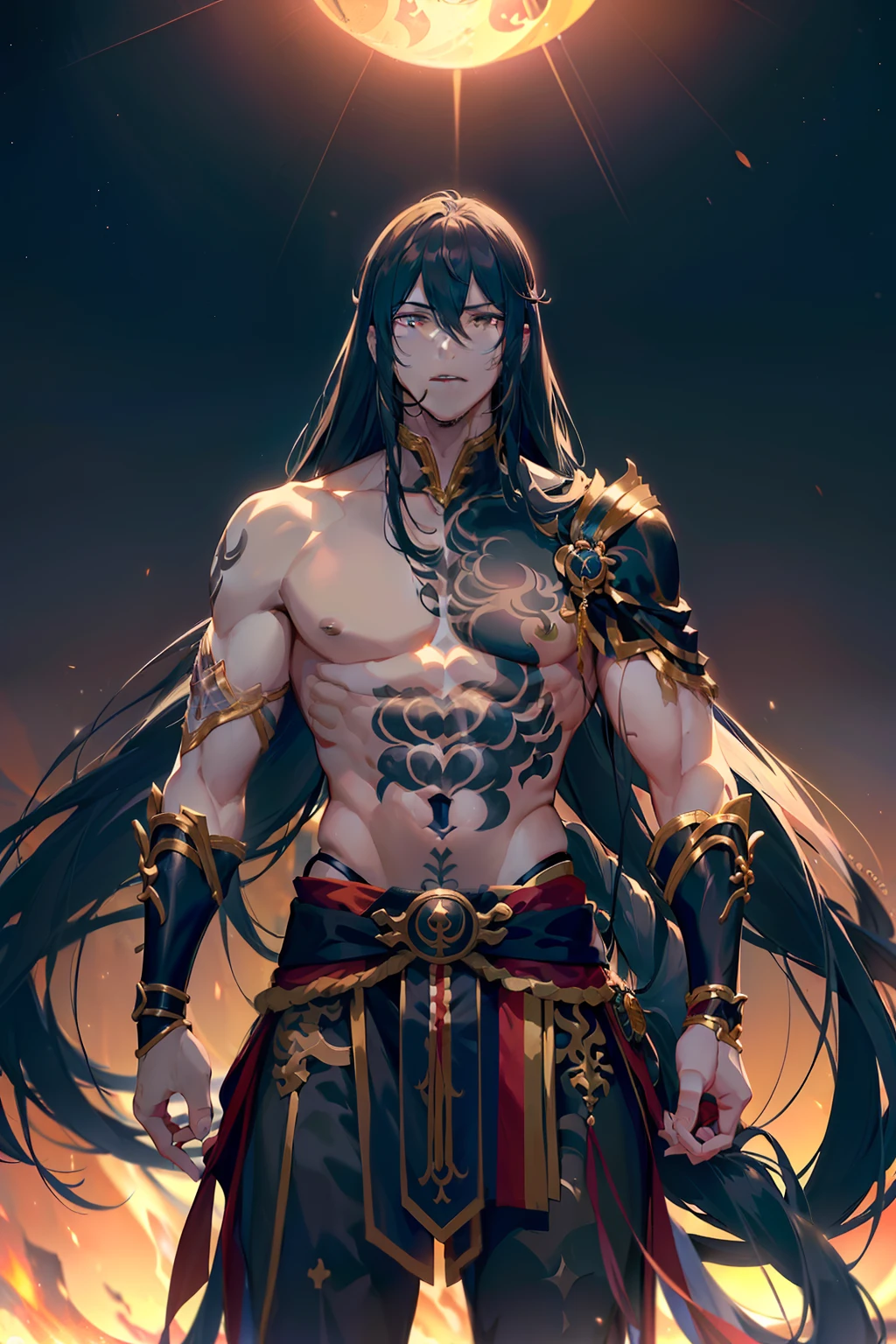 "(Yan Qing Fate, de espaldas, trasero enorme, pose seductora, sonrisa arrogante, defined muscles, pecho prominente y grande, pecho musculoso enorme, musculos marcados, hombros anchos, poca ropa, fondo negro de estrellas, pecho descubierto, sin armaduras, sin tatuajes, SIN PANTALONES, sin armaduras doradas, pose sexy, poca ropa, tetas grandes, cuerpo sudado, piernas musculosas, tocandose las tetas de hombre, entrepierna marcada, gran pene, trasero enorme, VENAS MARCADAS, CUERPO MOJADO, con licor en el pecho, con crema en el cuerpo, en el fuego, mucho fuego)"