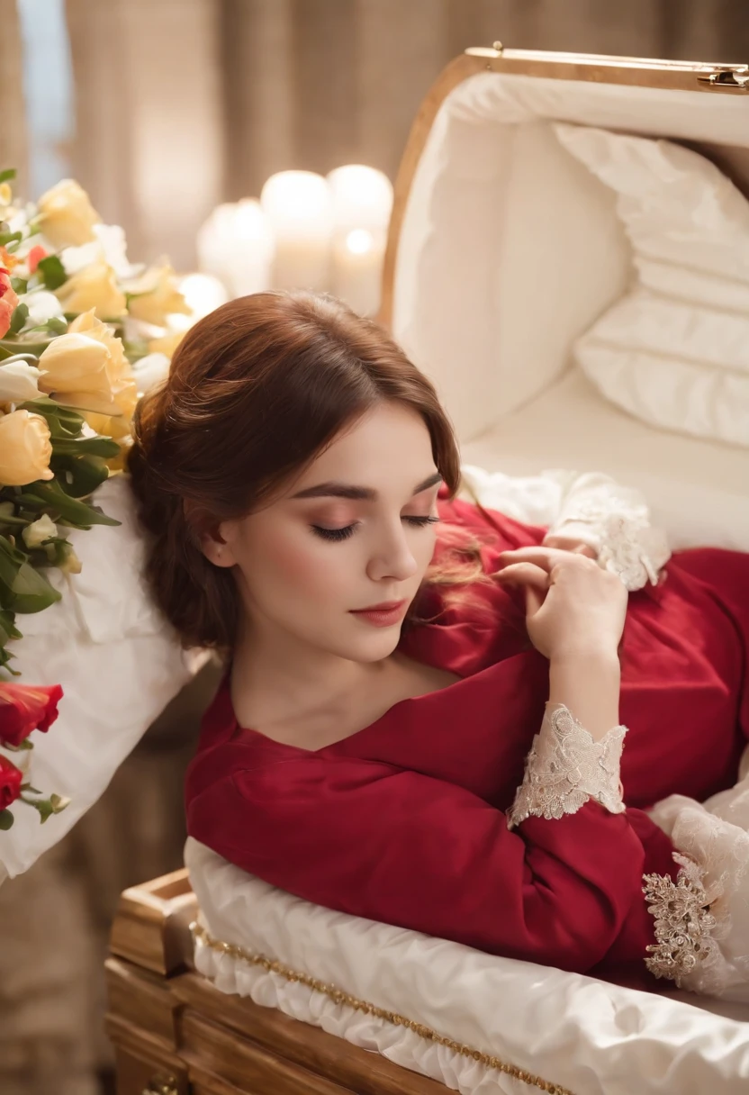1girl, ((box casket)), ((long casket)), supine casket, (girl laying in casket), ((full body view)), (straight body), closed eyes, ((holding a flower bouquet)), wearing red dress, ((all body in casket)), (interlocked_fingers:1.5), full casket view, straight legs, head is on pillow
