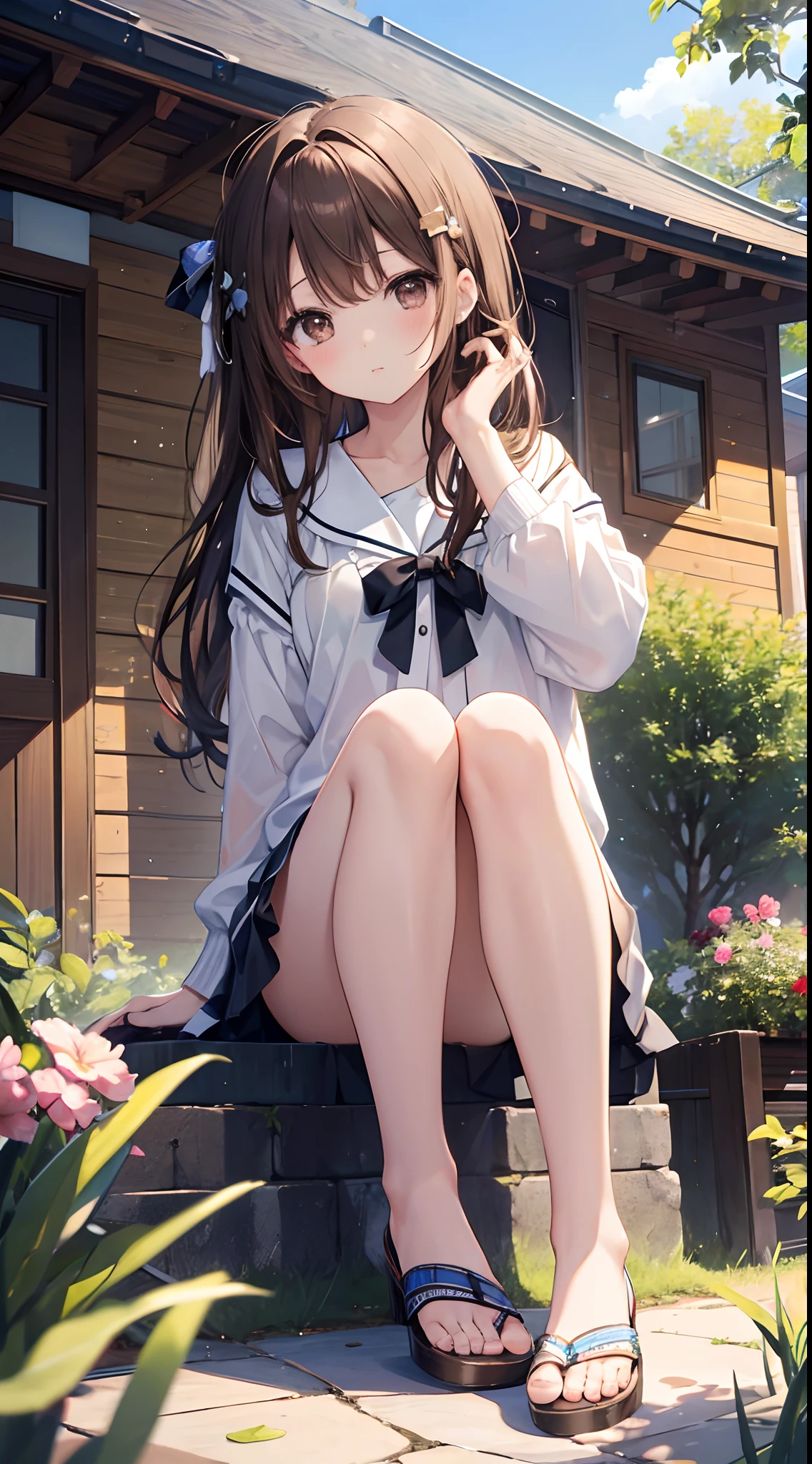 Hi-Res、​masterpiece、Chizuru Ichinose、Brown hair、Soio、Female one、outside of house、细致背景、A detailed eye、（（Brown-eyed））,Beautiful and perfect legs, Clean and perfect hands
