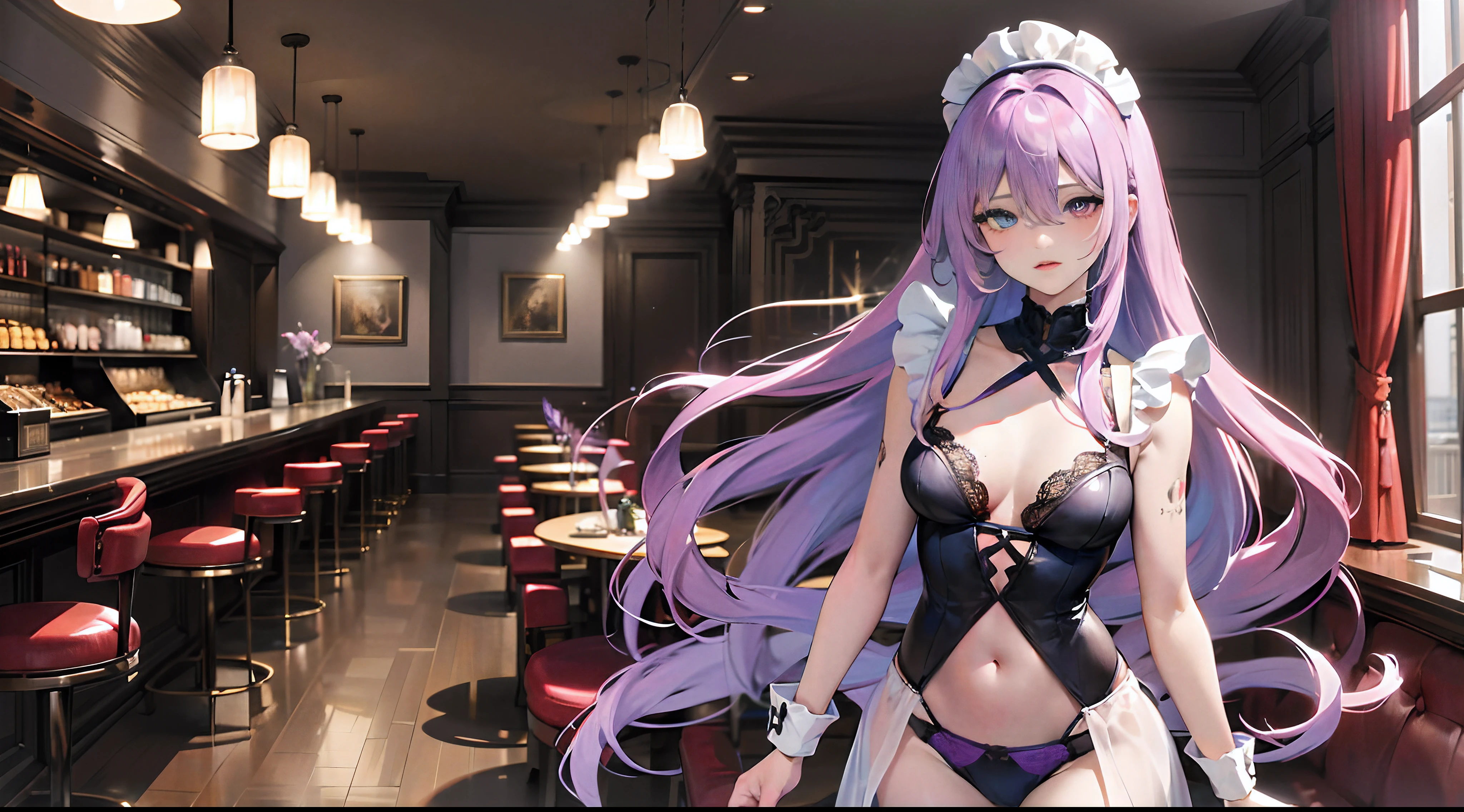 (Medium breasts), (The left heterochromia of the iris is simply the purple eye color) (The right heterochromic iridium eye color is only red) (The iris is only red and purple),(Detailed eyes) , ( The right eye is a purple iris) ,(Redness of the iris of the left eye) , Detailed, intricately details, Highly detailed, Extremely detailed, Realistic,( The color of the eyes is only red and purple), (The right eye is purple, The left eye is red), ,( The right iris has only purple) ,(The left iris is only red) (The heterochromic iridium on the right has only a light red eye color :) (The left heterochromia of the iris is simply the purple eye color:) (The color of the left eye is purple):1.2 (The color of the right eye is red):1.2 (Very light lavender_Hair color:1.2) (The hair is very light lavender colored:1.2),(M-shaped bangs), Long_Hair,(bangs between eyes),(Very long hair),(Wavy hair), Depth_af_Field, mitts, Lace, lace-trimmed_legwear, lace-trimmed_Panties, Lace_Trim, Lingerie, Long_Bang, navel, , Panties, Solo, upper legs, Underwear maid headdress, maid apronl, identical_Attire, navel, ,reverse_Maid suit, reverse_Outfit, Solo,The Arm_arms cuffs ((Cafe,cafe shop, ))