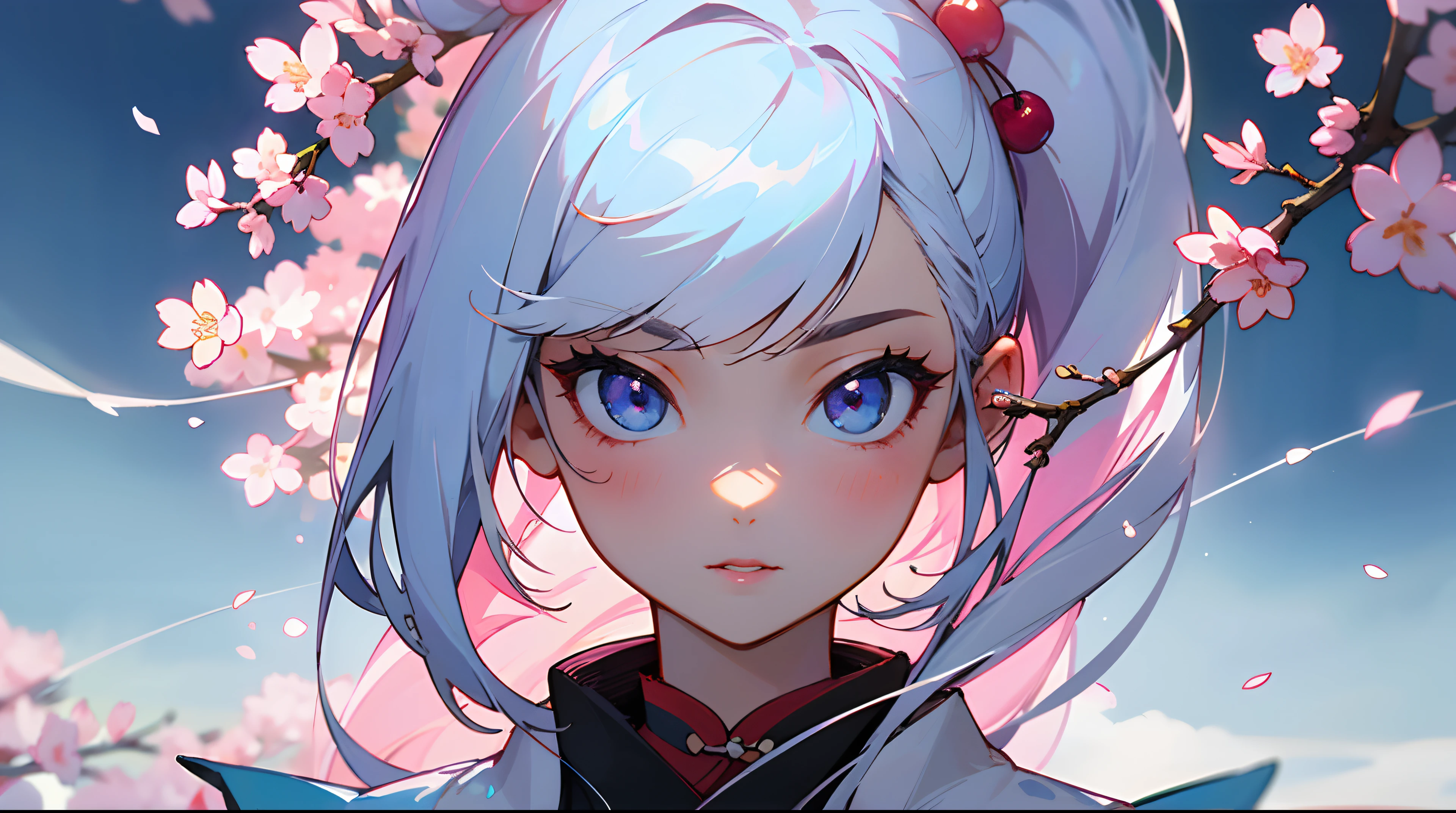 The background is cherry blossoms in the Japan、Mount Fuji
The style of the painting is electro-pop and neon
The main woman stands prominently facing the front。The face is facing straight ahead。

Women's hair is long and light pink。Slightly longer asymmetry。Lips are round々and fat。The face is very cute