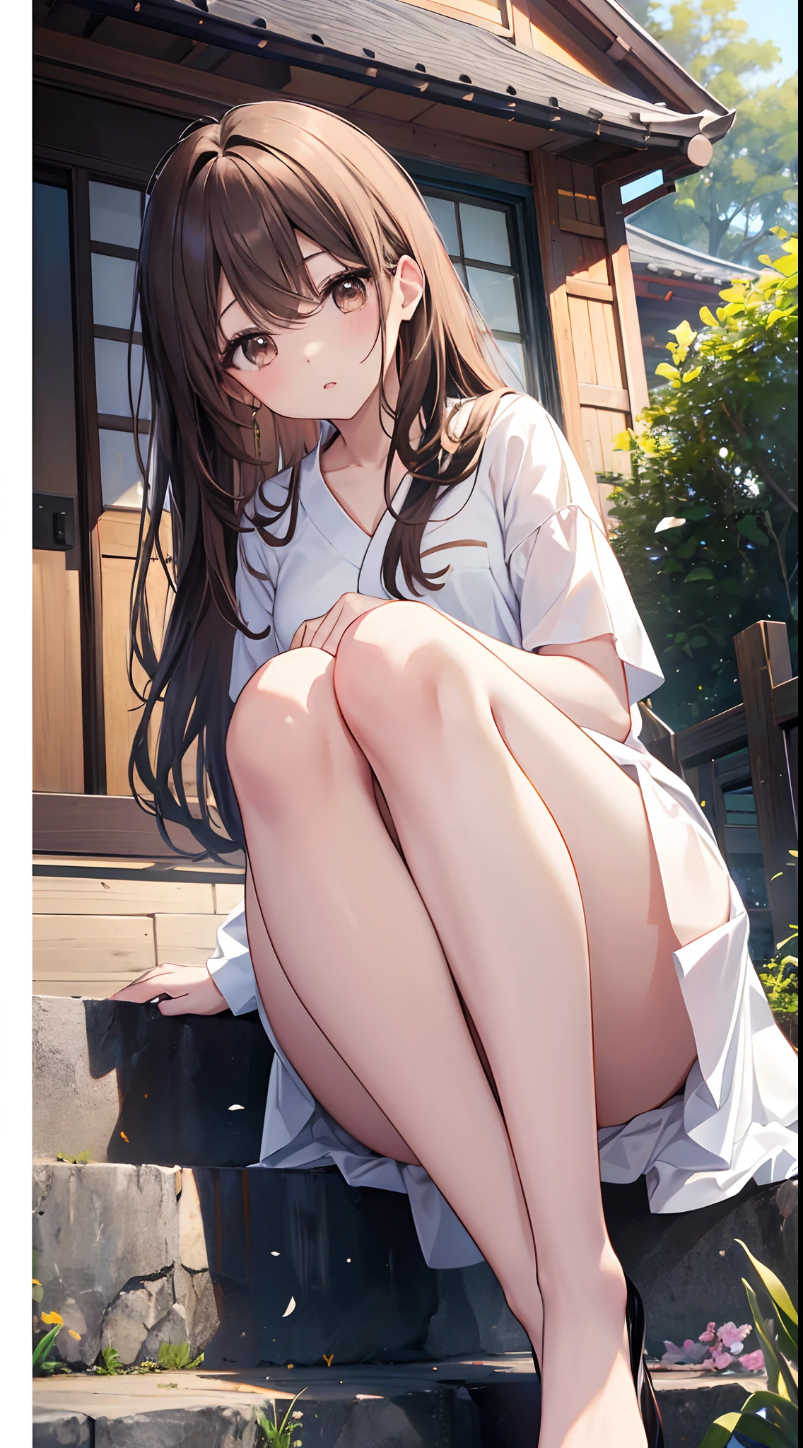 Hi-Res、masterpiece、Chizuru Ichinose、Brown hair、Soio、Female one、outside of house、细致背景、A detailed eye、((Brown-eyed)),Beautiful and perfect legs, Clean and perfect hands