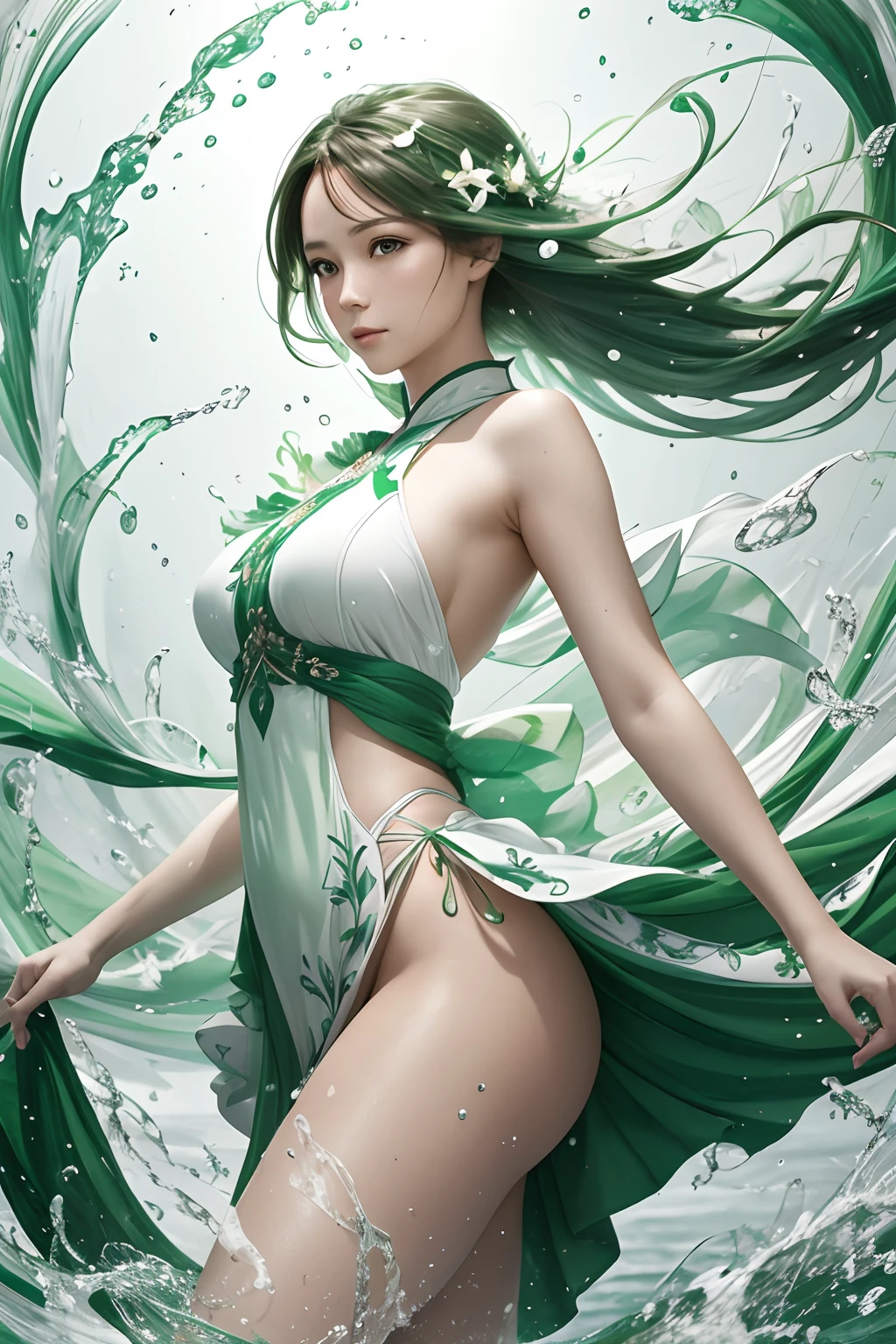 Lady in the wind, splash, light green and white, complex art composition, ultra detail, movement, best quality, wonderful background